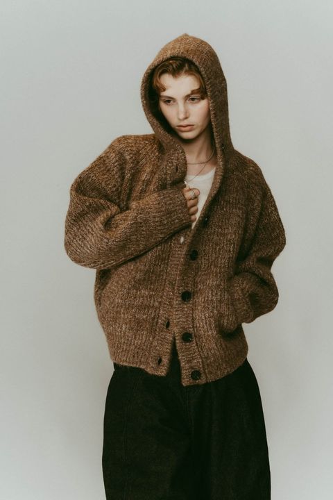フーデッド カーディガンニット (ブラウン) hooded cardigan knit