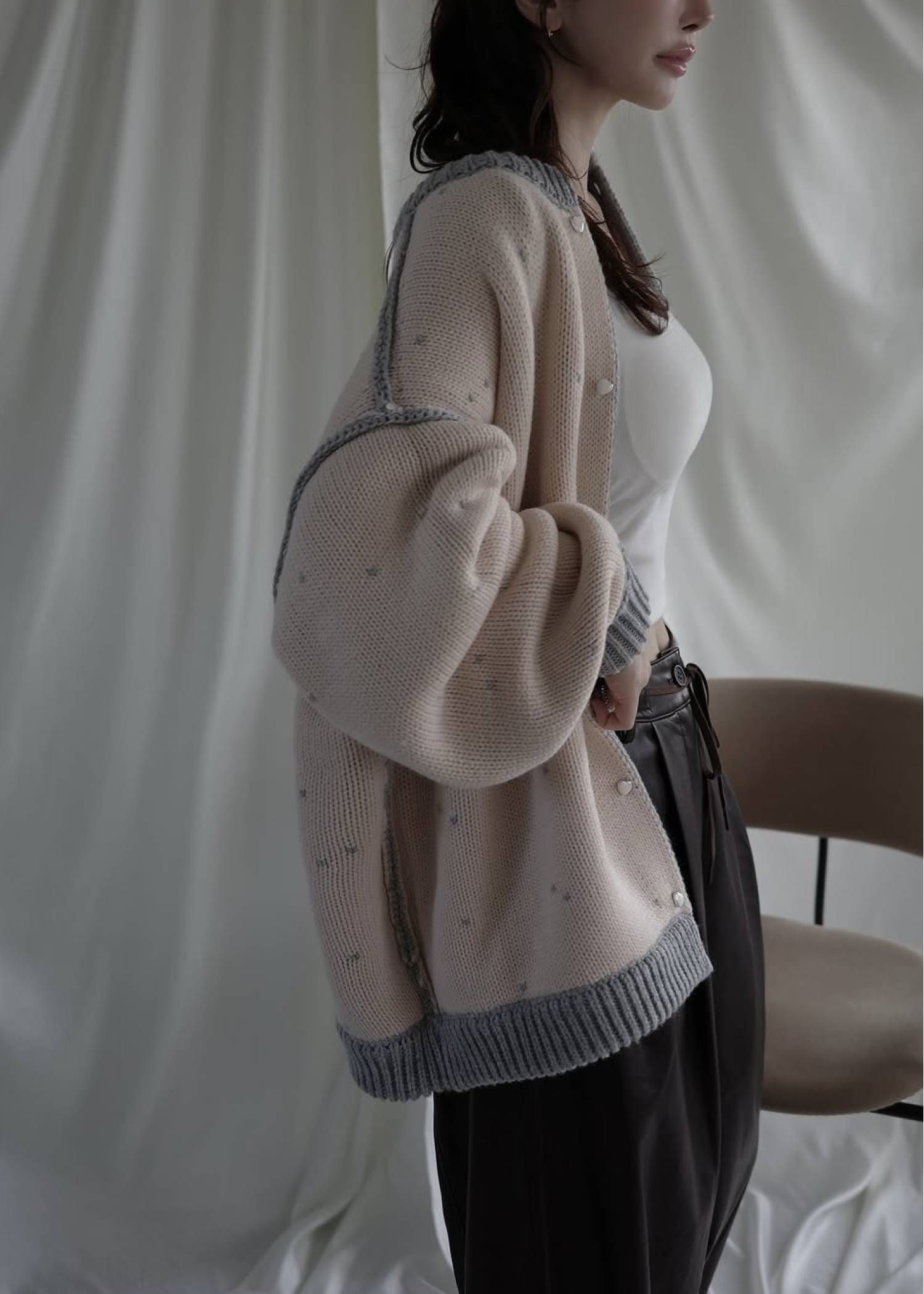 【ロング】ハートドット リバーシブルカーディガン (グレー×ベビーピンク) long heart dot jacquard reversible knit cardigan (gray×baby pink) /  26SS