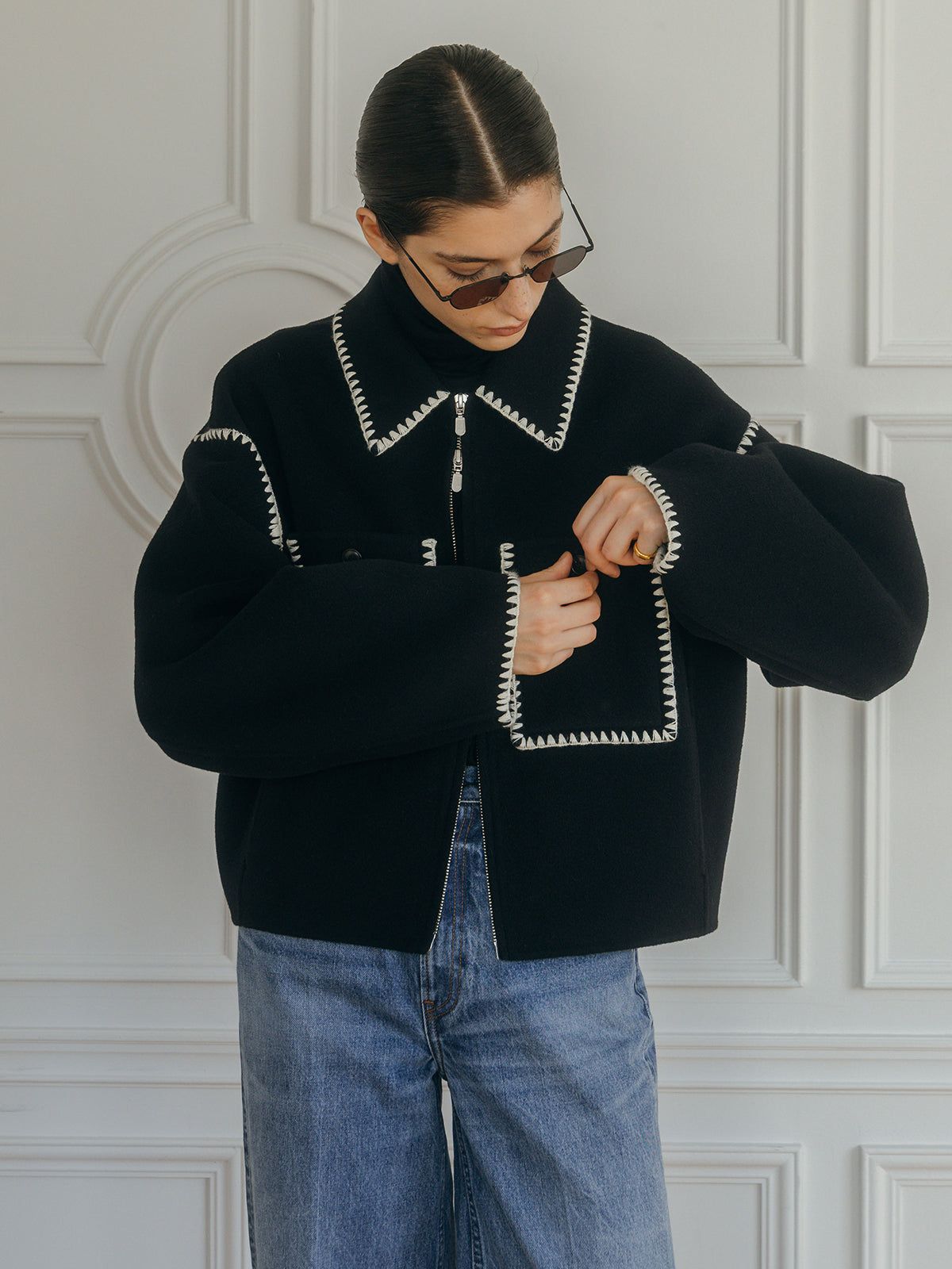 【25AW】WOOL EMBROIDERY SHORT ZIP JACKET / ウールエンブロイダリー  (ブラック)