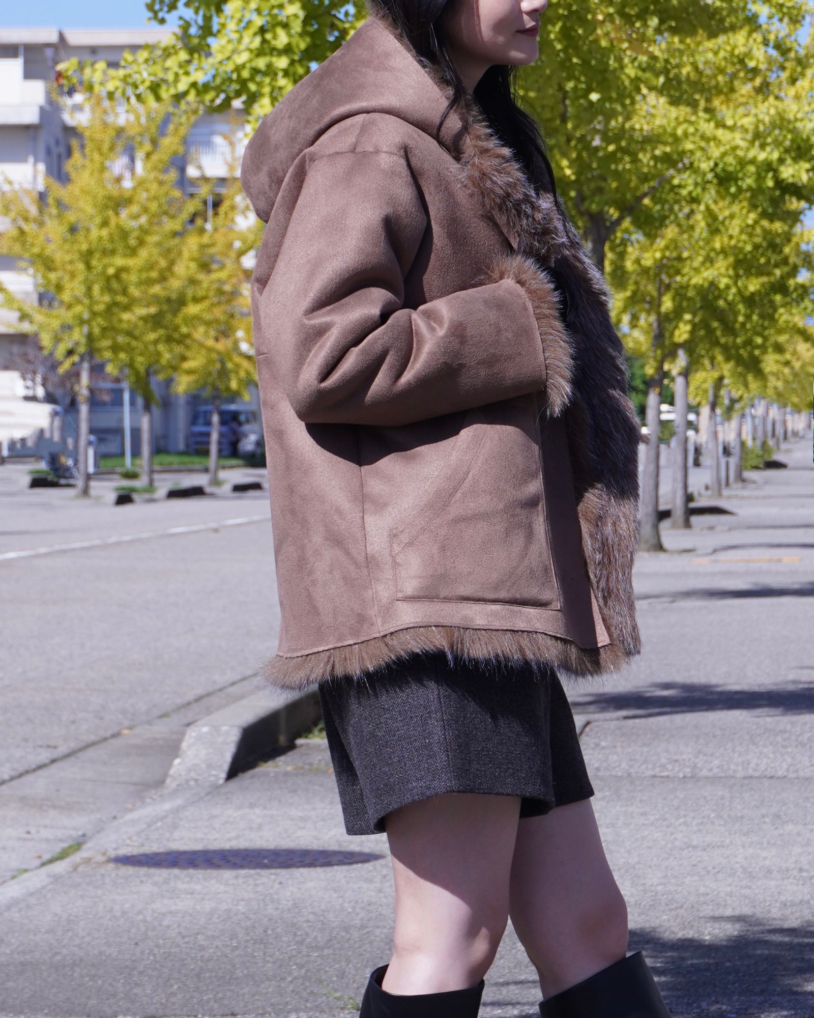 【25AW】Fox Like Fur Hoodie Coat / フォックスライクファー リバーシブルフーディコート (ブラウン) / エコファー / フェイクファー