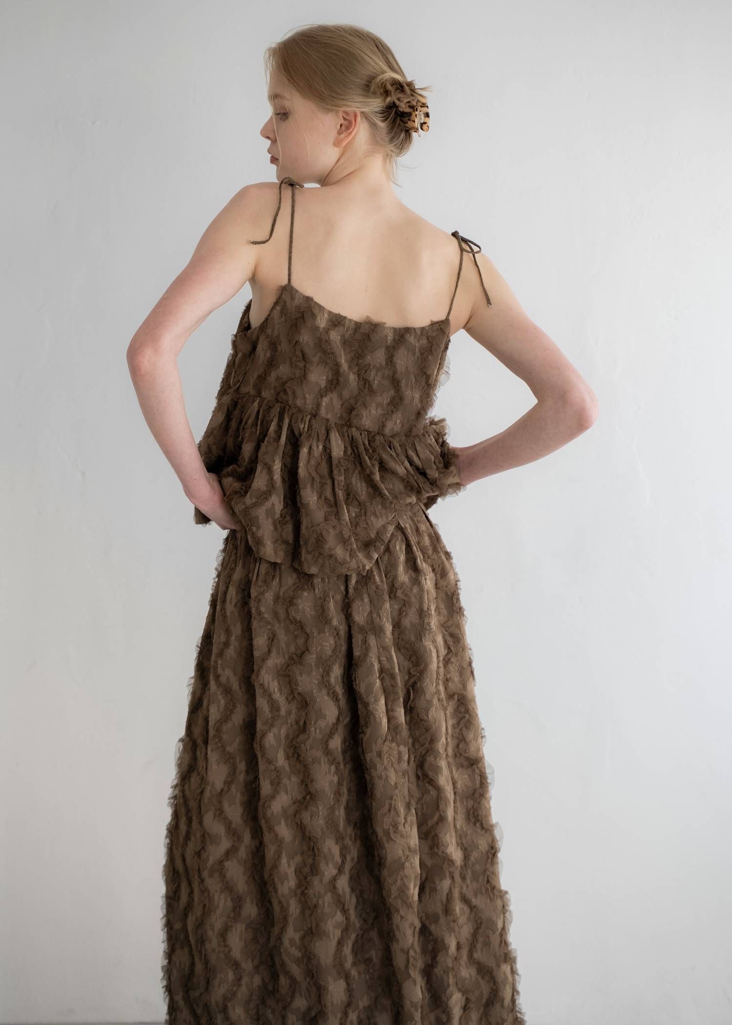 カットジャガード キャミソール (モカ) cut jacquard tulle gather camisole (Mocha) /  26SS