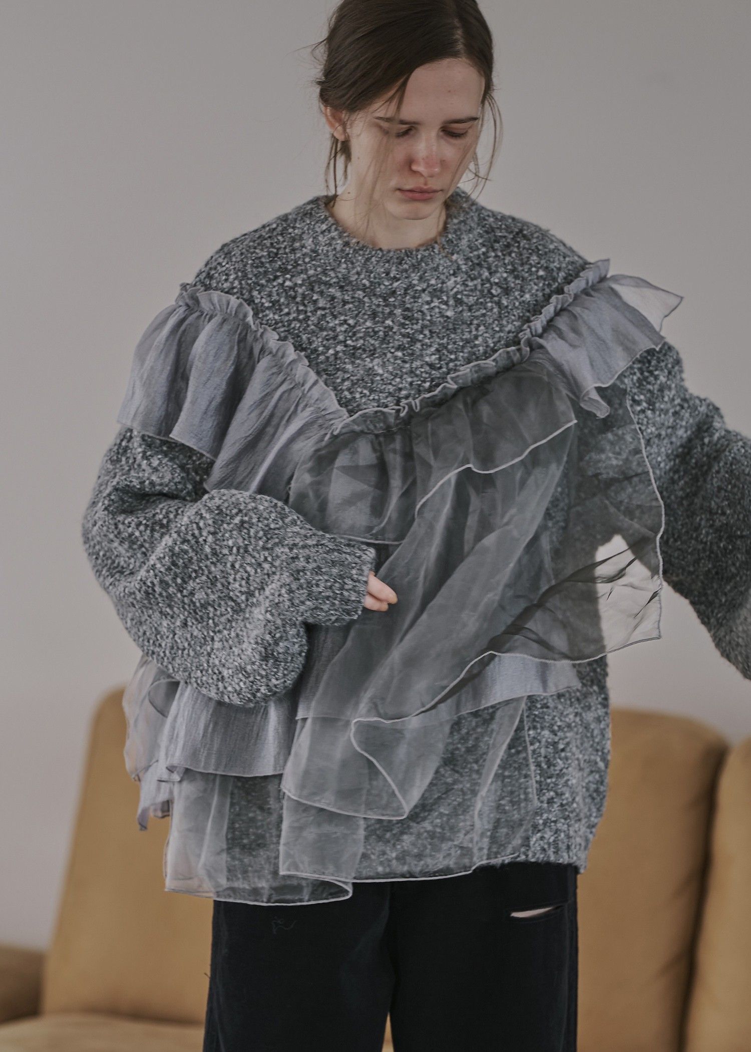 random frill placement volume sleeve knit / ランダムフリルニット (チャコール) / 25AW /