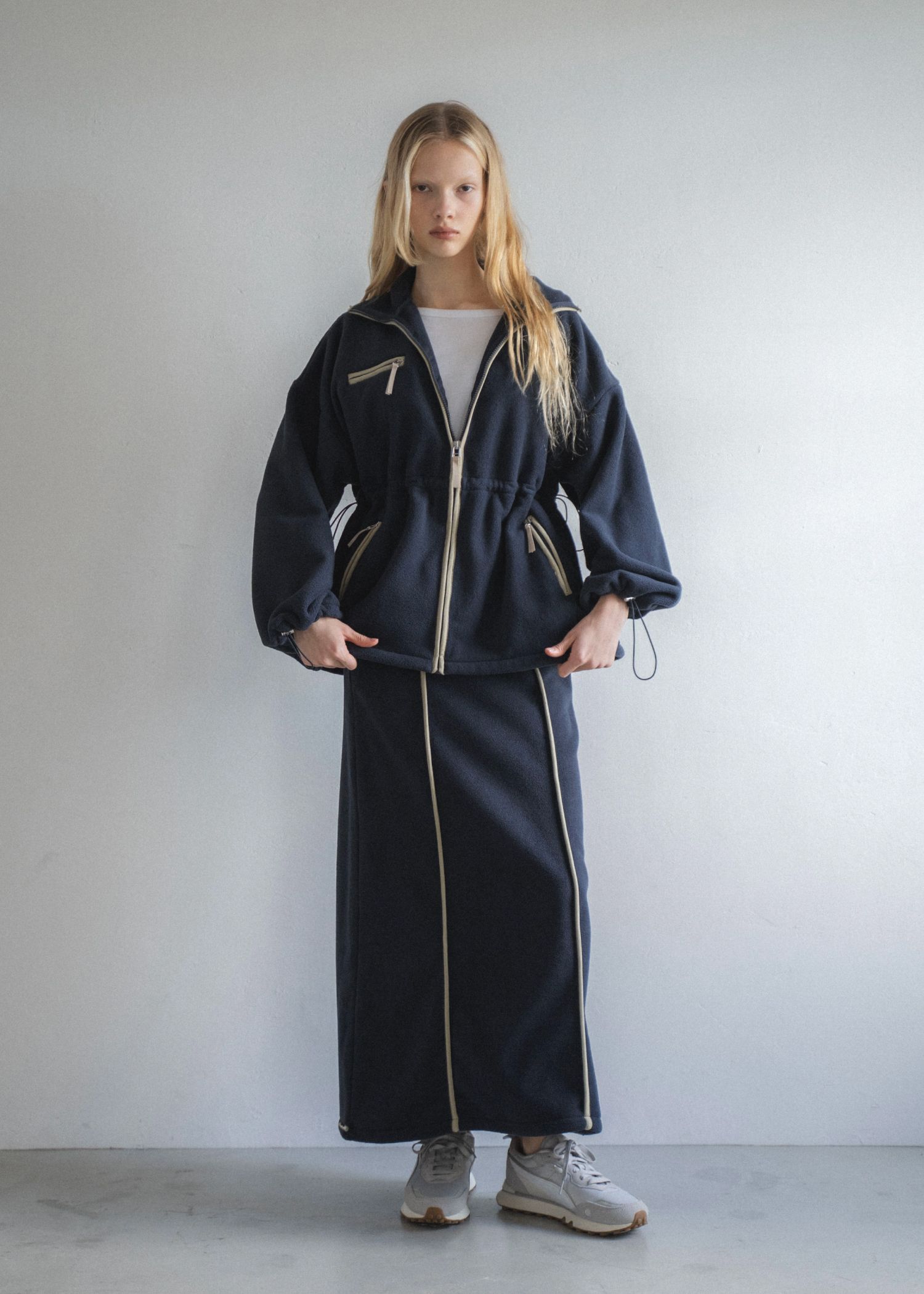 bi color piping fleece drawstring tops / バイカラー フリーストップス (ネイビー) / 25AW /