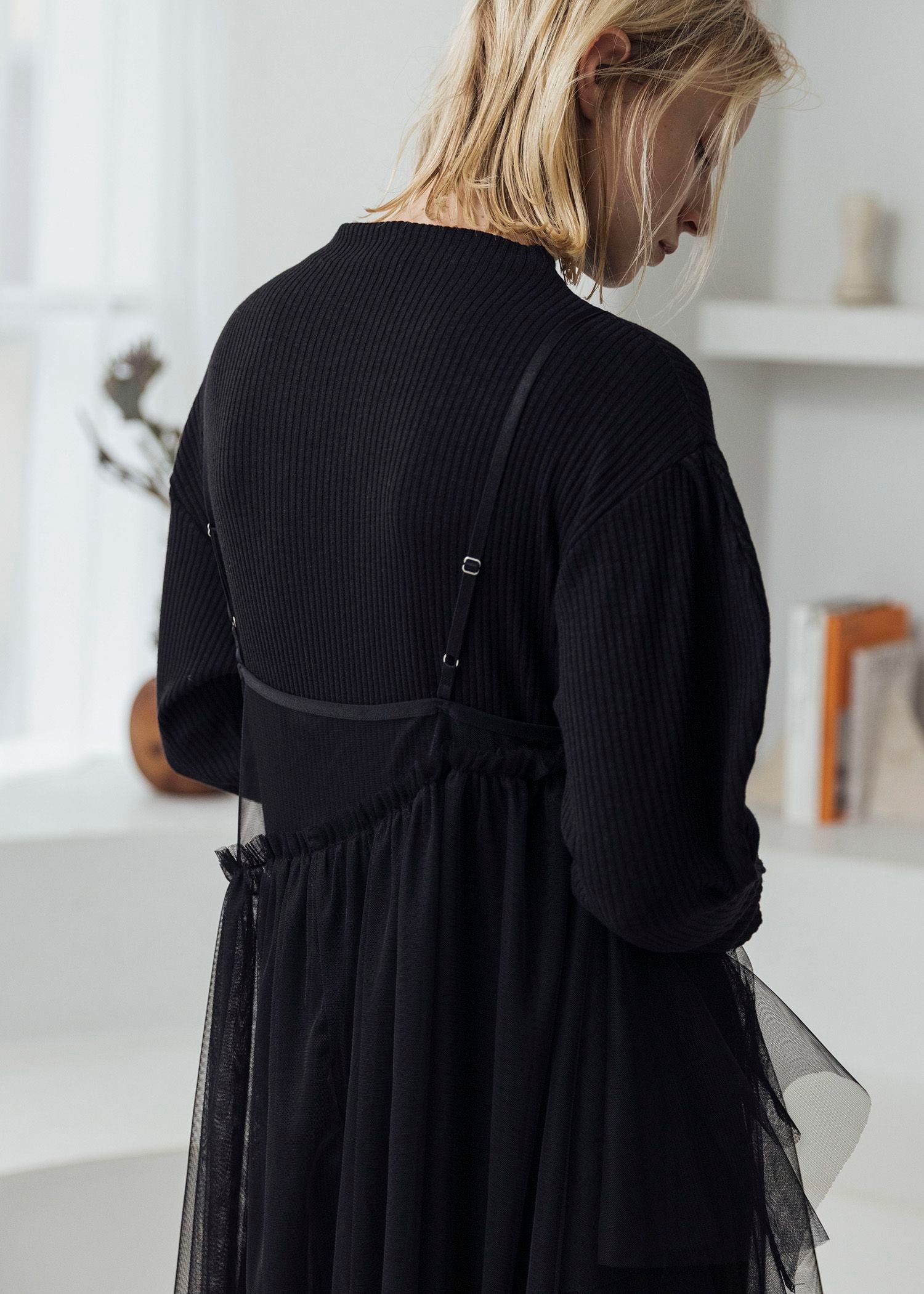 asymmetry layered tulle cami OP / アシンメトリー レイヤードチュールキャミワンピース (ブラック) / 25AW /