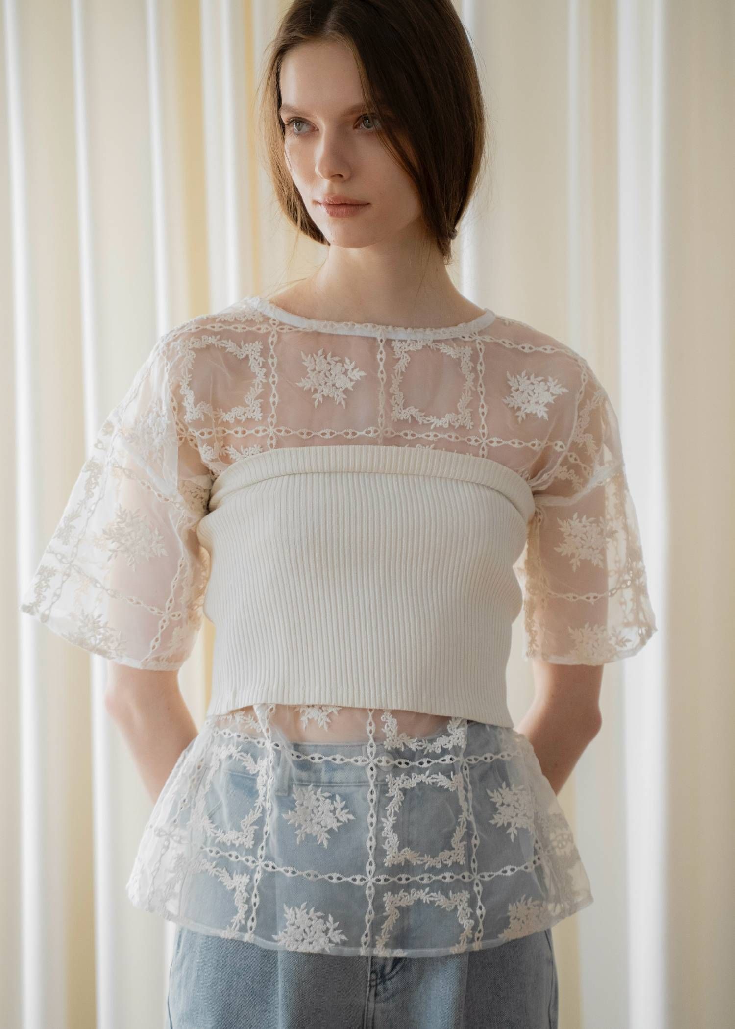 レースビッグTシャツ & リブトップス セット (Natural) square lace big tee & rib tops SET (ナチュラル) /  26SS