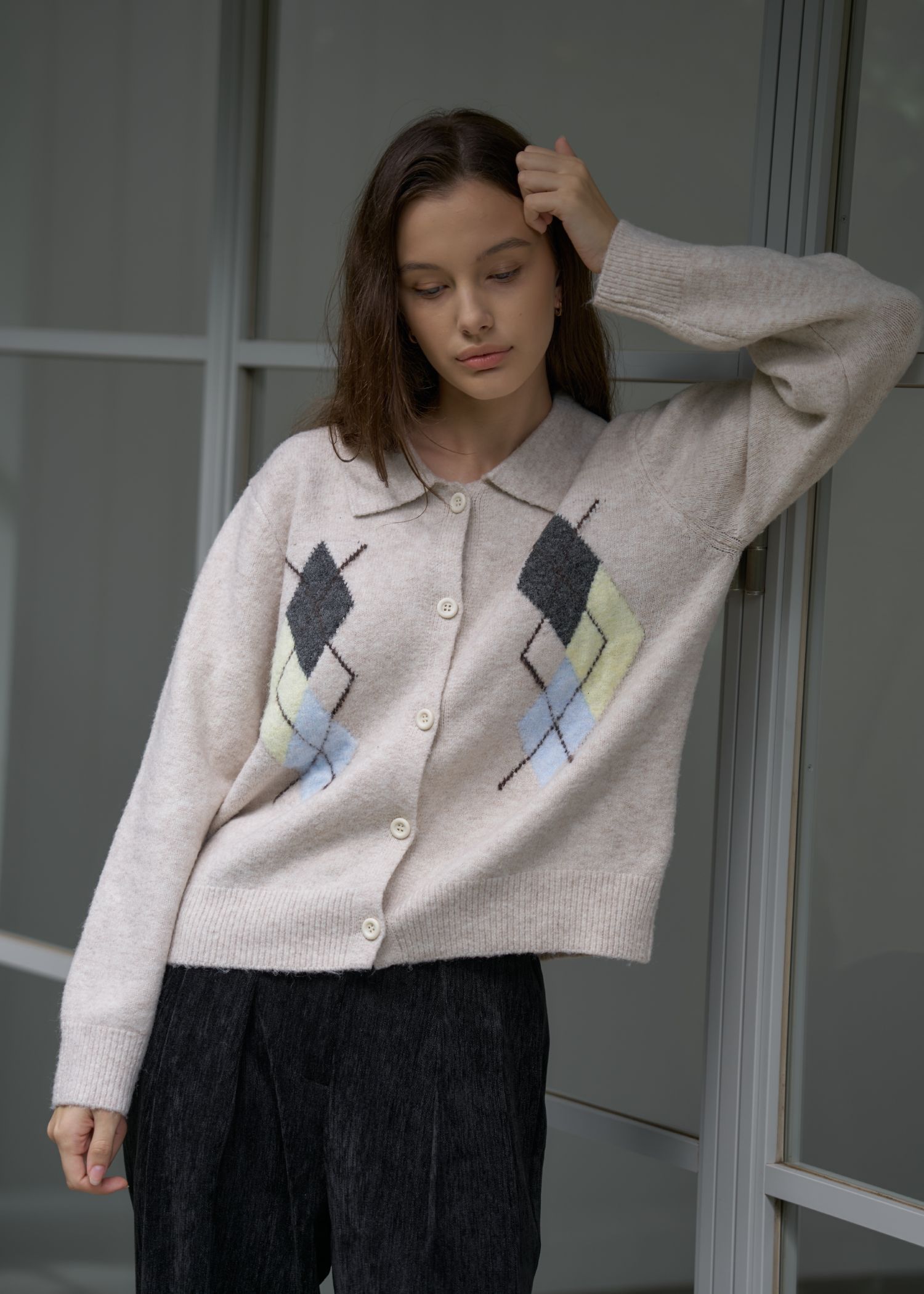 chic soft touch argyle knit cardigan / ソフトタッチ アーガイルニットカーディガン (ベージュ) / 25AW /