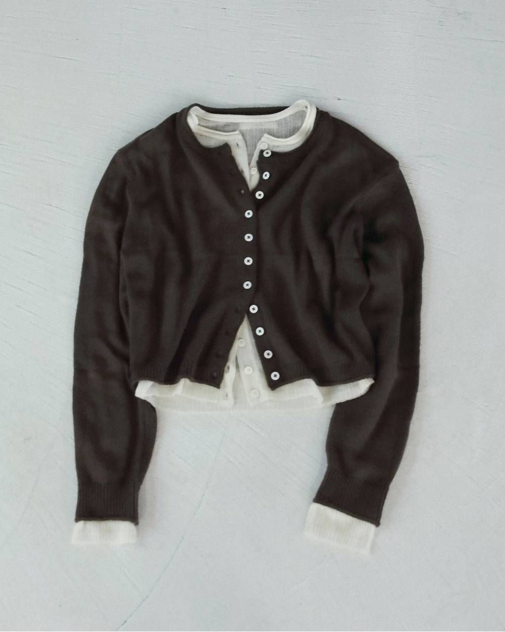 レイヤード クルーネックカーディガン (ブラウン) Layered Crewneck Cardigan (Brown) / 26AW 【6月29日まで期間限定予約】