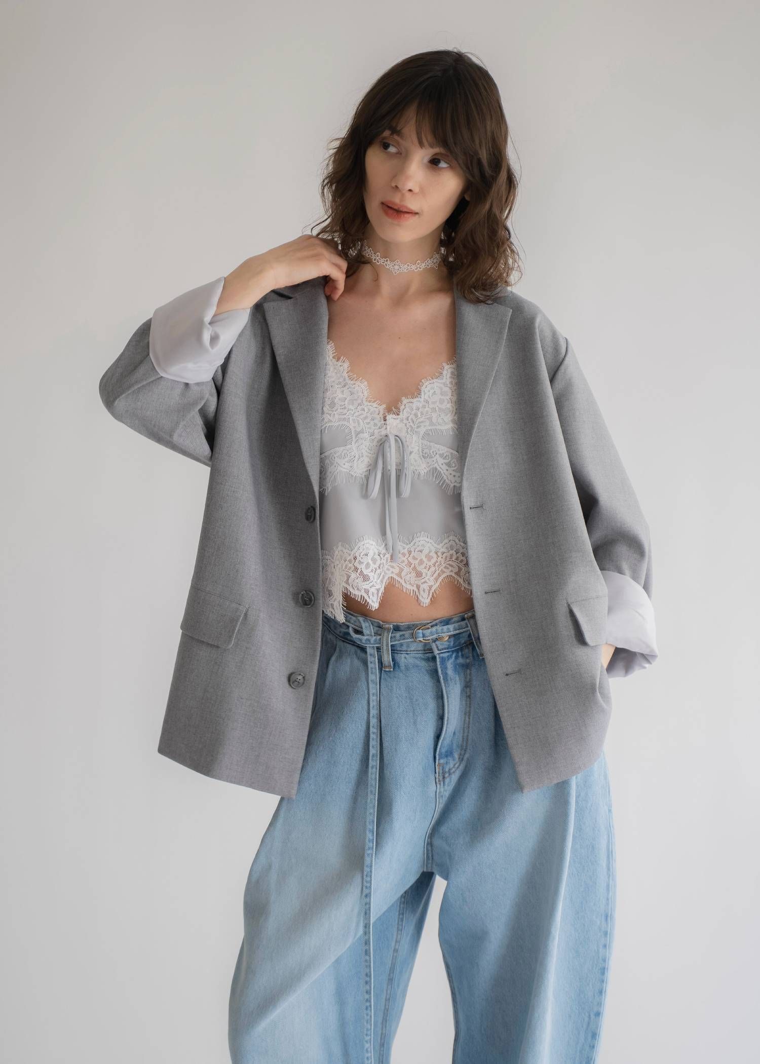 アレンジレース ジャケット (ライトグレー) arrangement lace shawl oversize JK (Lgray) /  26SS