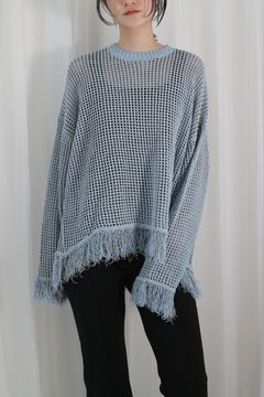 LACE OVERSIZE CREW NECK KNIT / レースオーバーサイズクルーネックニット (グレー×サックス)