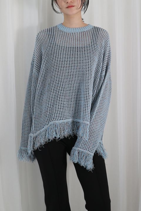 LACE OVERSIZE CREW NECK KNIT / レースオーバーサイズクルーネックニット (グレー×サックス)