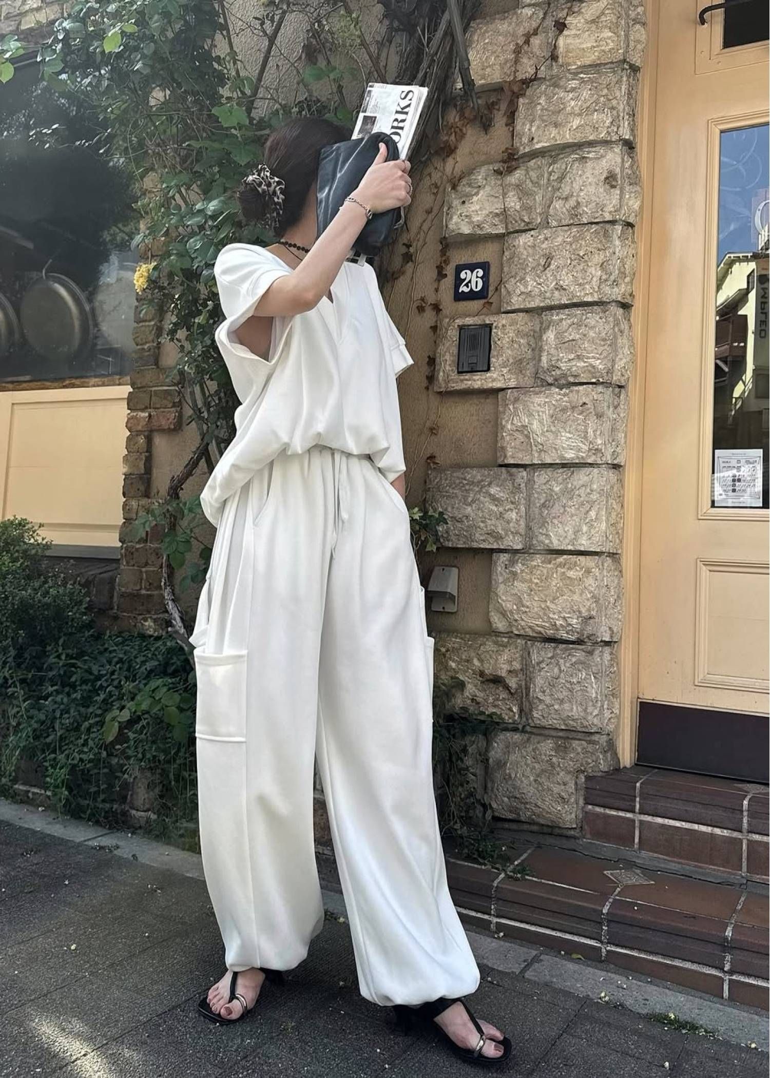 バルーンヘム スウェット半袖トップス (アイボリー) balloon hem moss stitch sweat tops (Ivory) /  26SS