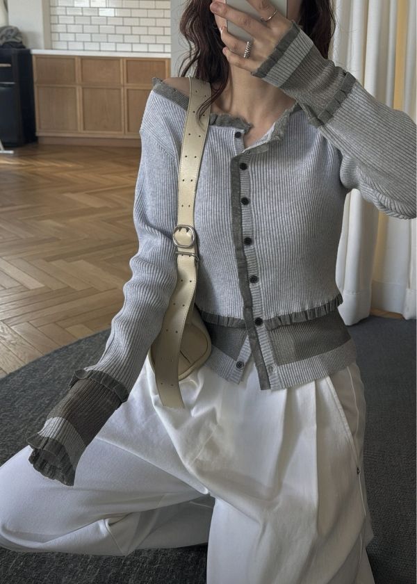 partial sheer frill knit cardigan / シアーフリル ニットカーディガン (Stone) / 26SS