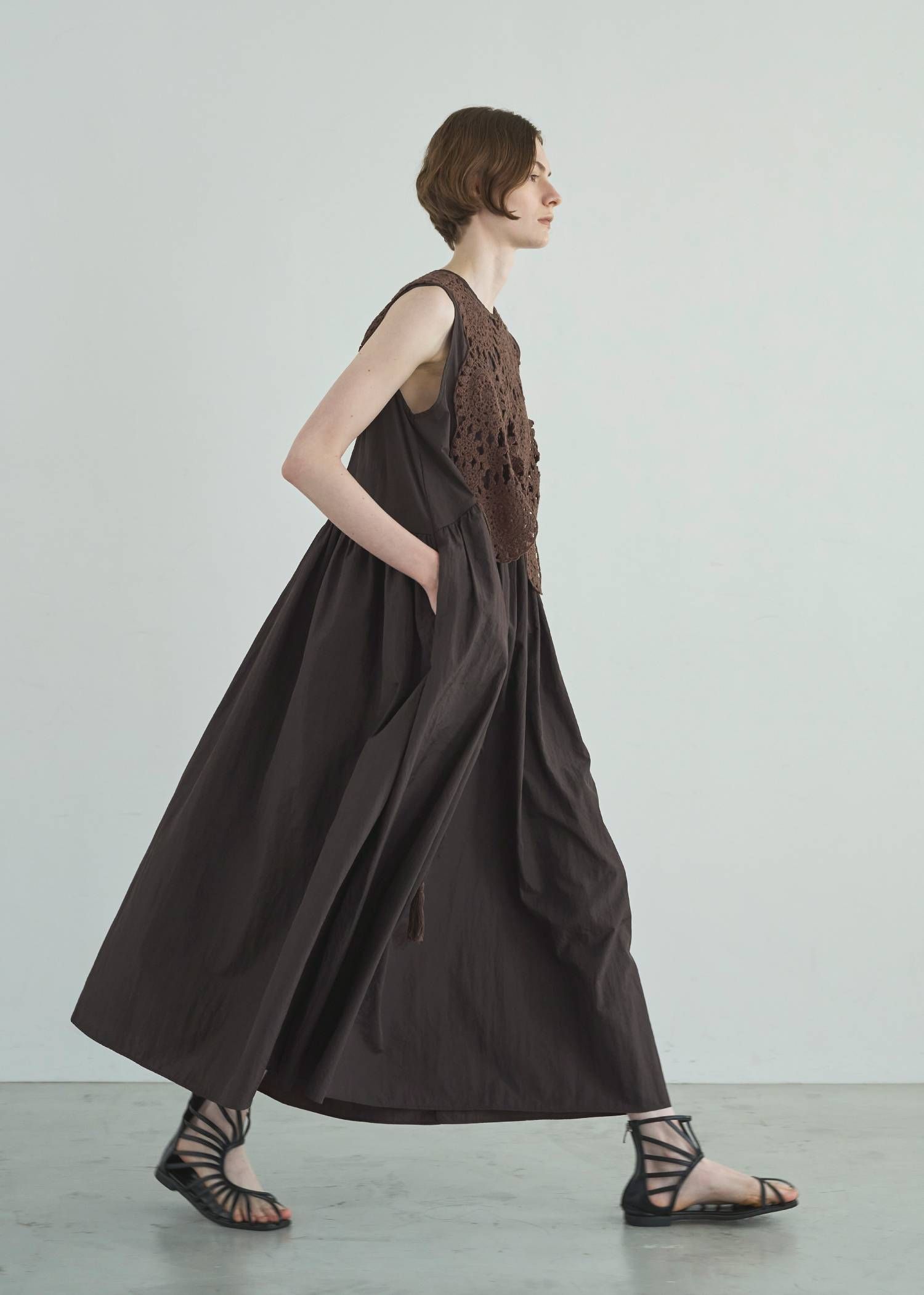 クロシェ ナイロンワンピース (ブラウン) crochet knit layered nylon OP (Brown) /  26SS