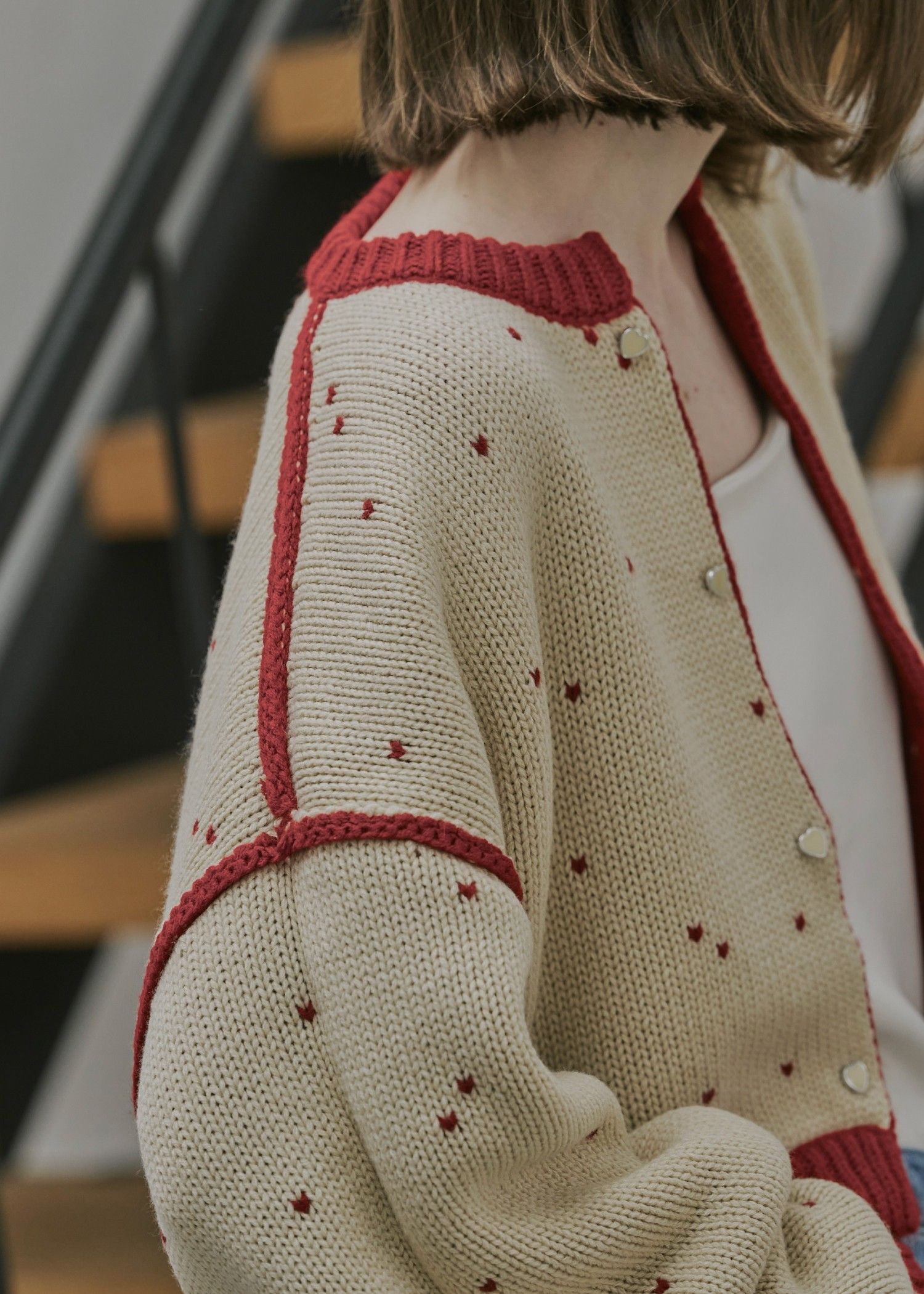 heart dot jacquard reversible cropped knit cardigan / ハートドット ジャガード リバーシブルクロップドカーディガン (レッド×タン) / 25AW