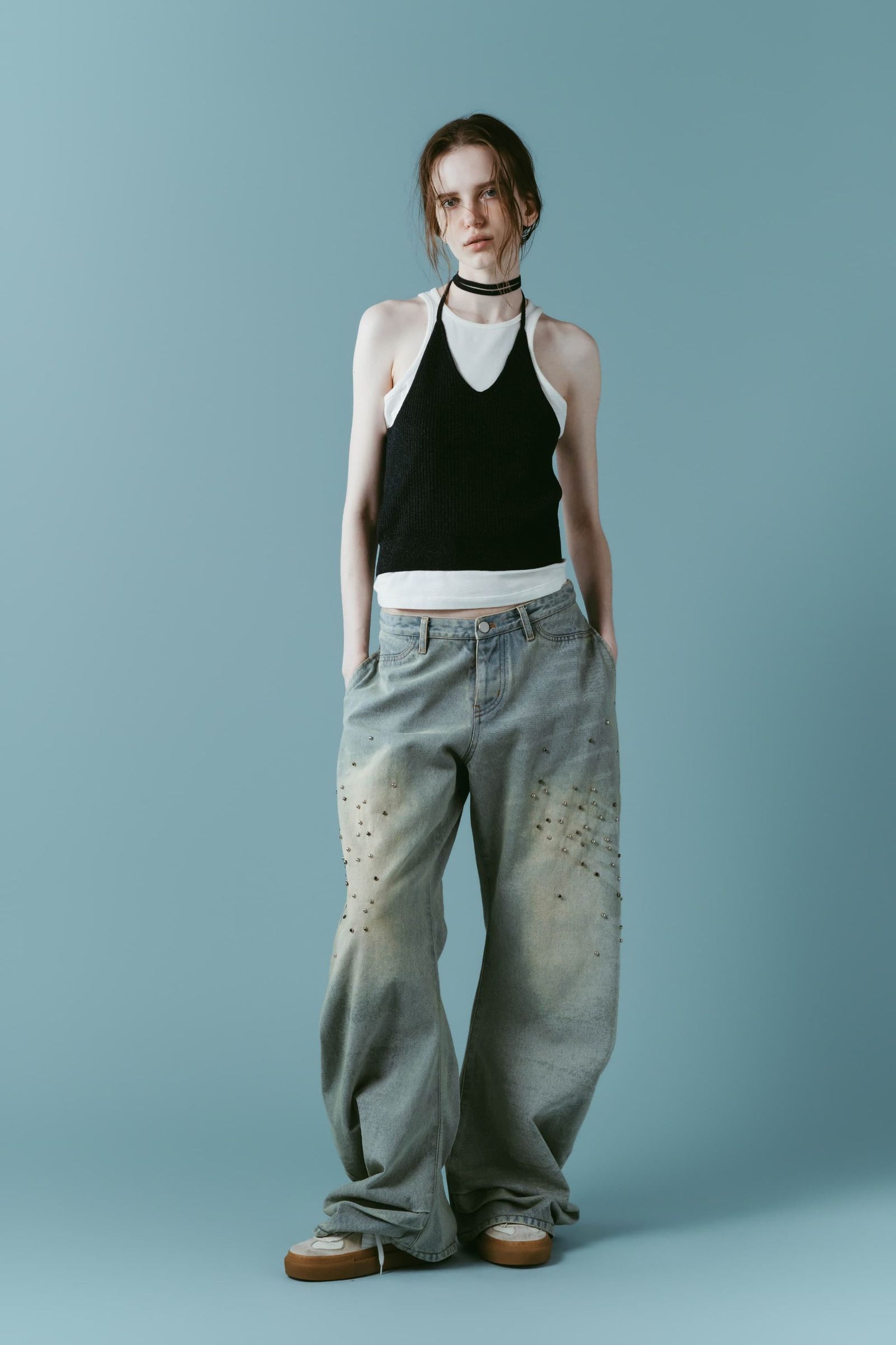 スタッズ ドレープデニム (ブルー) studded draped denim pants(unisex) (Blue) /  26SS