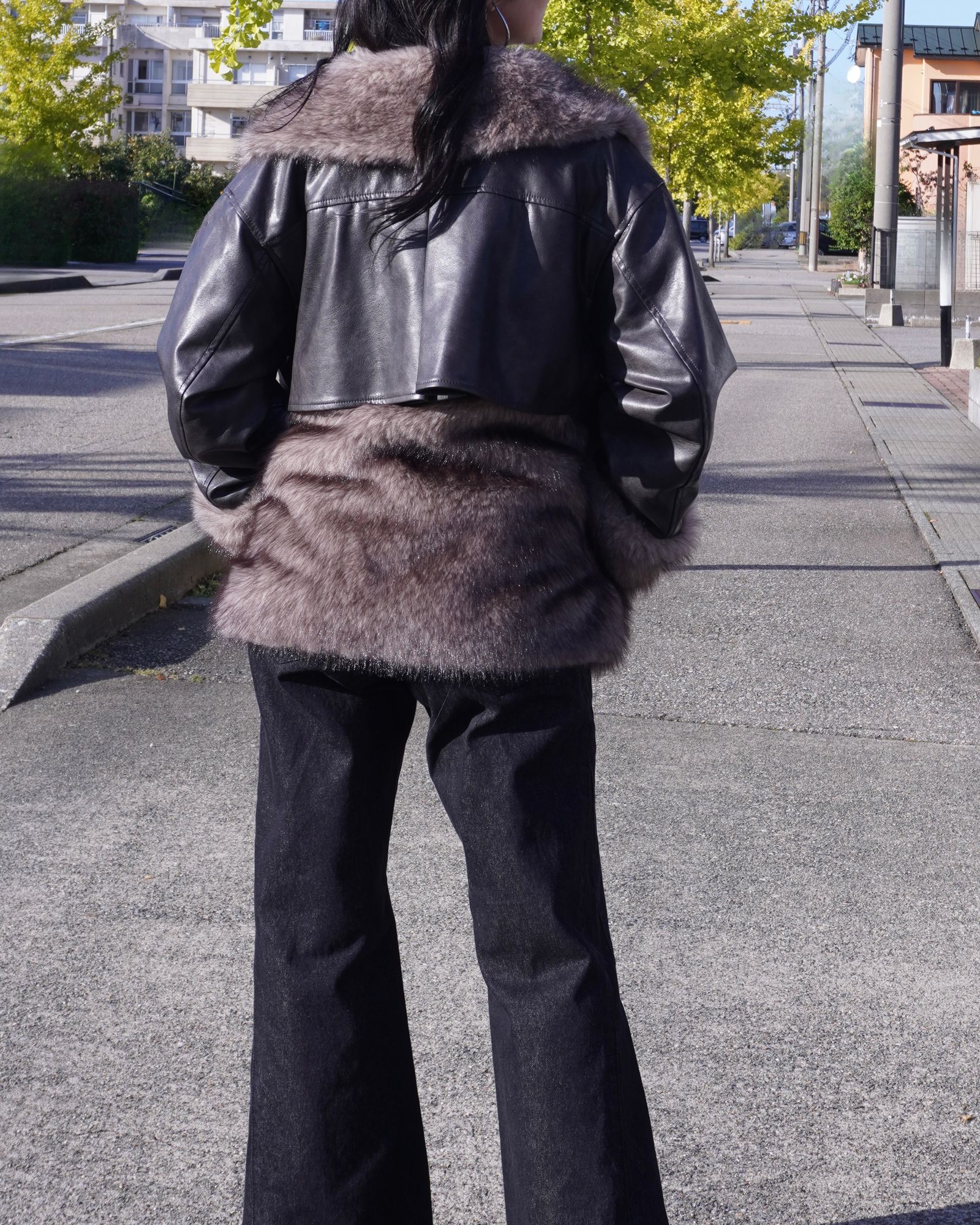 【25AW】Leather Docking Fur Jacket (ブラック) / レザードッキングファージャケット / エコファー / フェイクファー