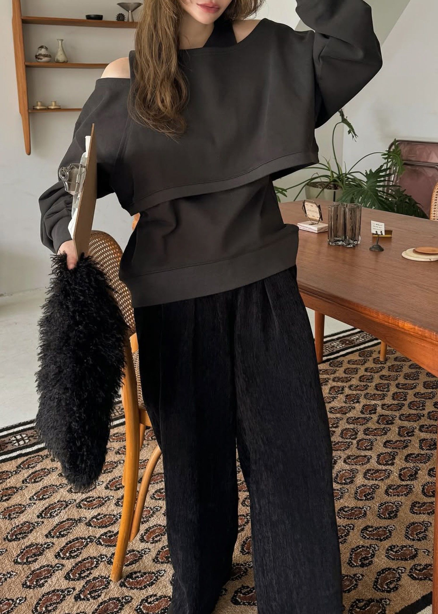 asymmetry 2 piece layered sweat / 2ピースレイヤードスウェット (ブラック) / 25AW /