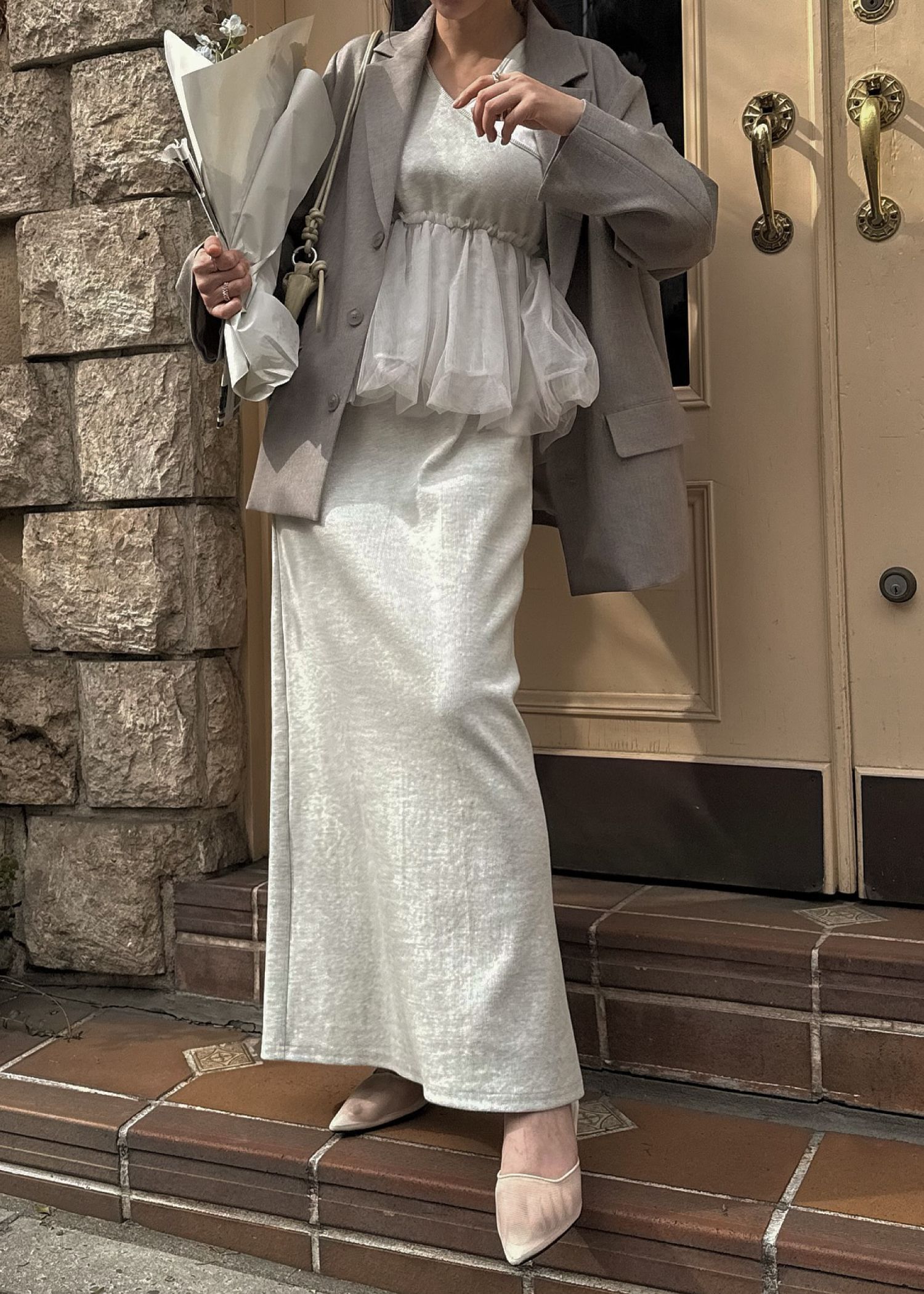 tulle peplum docking rib OP (Oatmeal) / チュールペプラムワンピース (オートミール) / 26SS