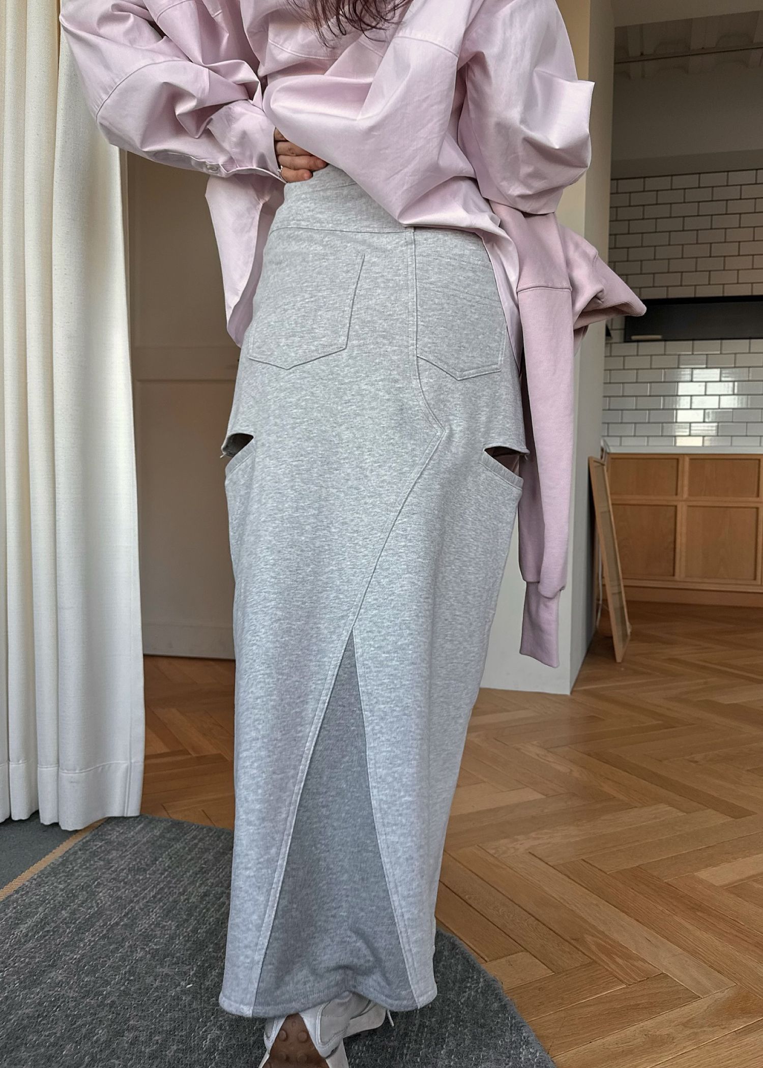 back bi color patchwork remake sweat SK / パッチワーク リメイク スウェットスカート (Heather gray) / 26SS