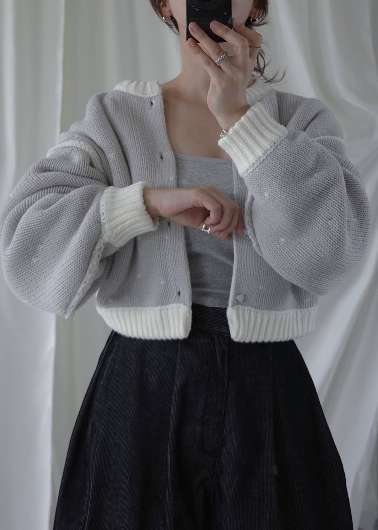 【ショート】ハートドット リバーシブルカーディガン (アイボリー×アイス) short heart dot jacquard reversible knit cardigan (ivory×ice) /  26SS