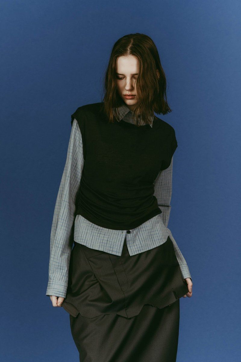 2-piece layered compact shirt (BlueChacoal) / 2ピース レイヤードコンパクトシャツ (ブルーチャコール) / 26SS