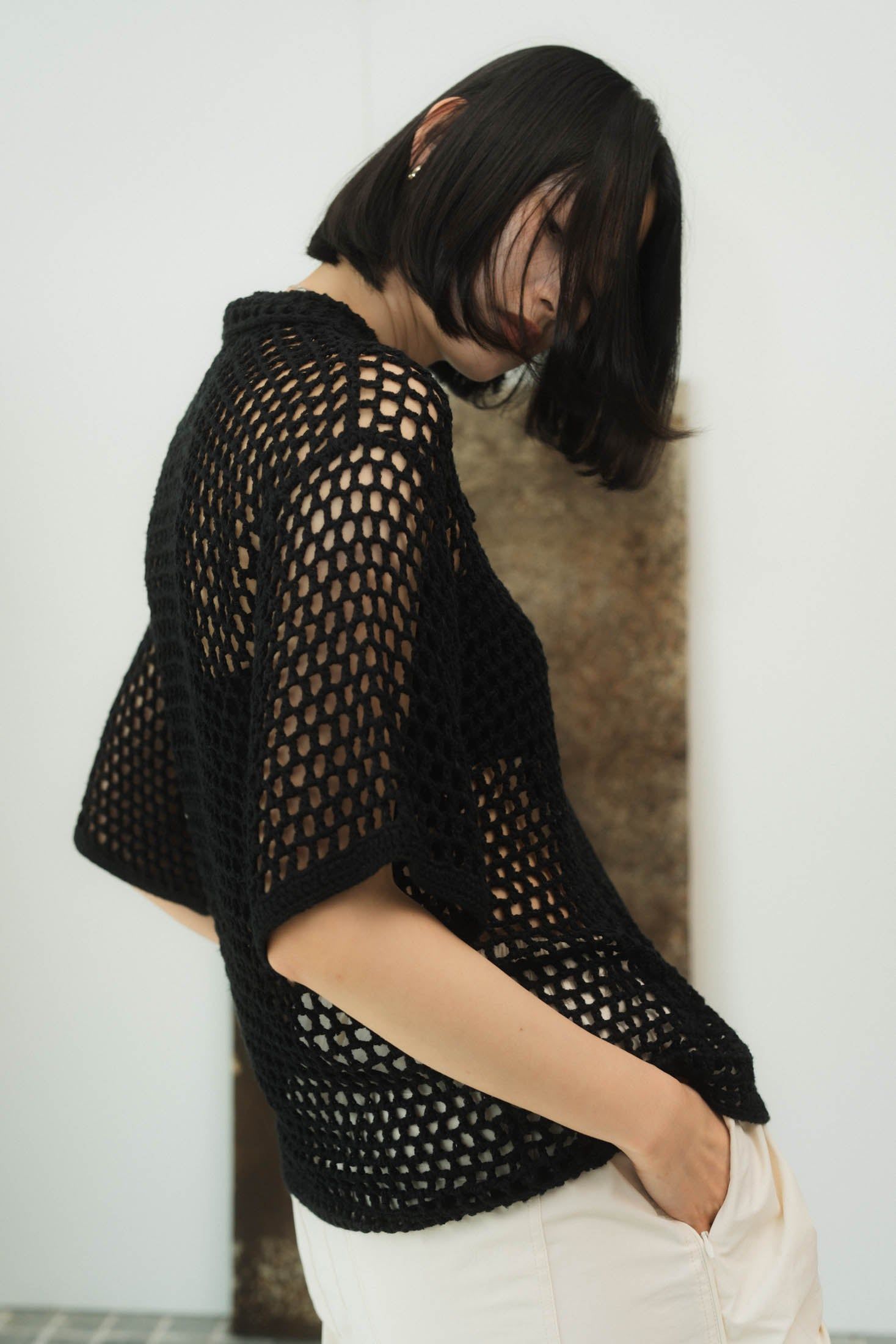 Knuth Marf crochet knit shirt ブラック Knuth Marf - crochet knit shirt / クロシェ ニットシャツ