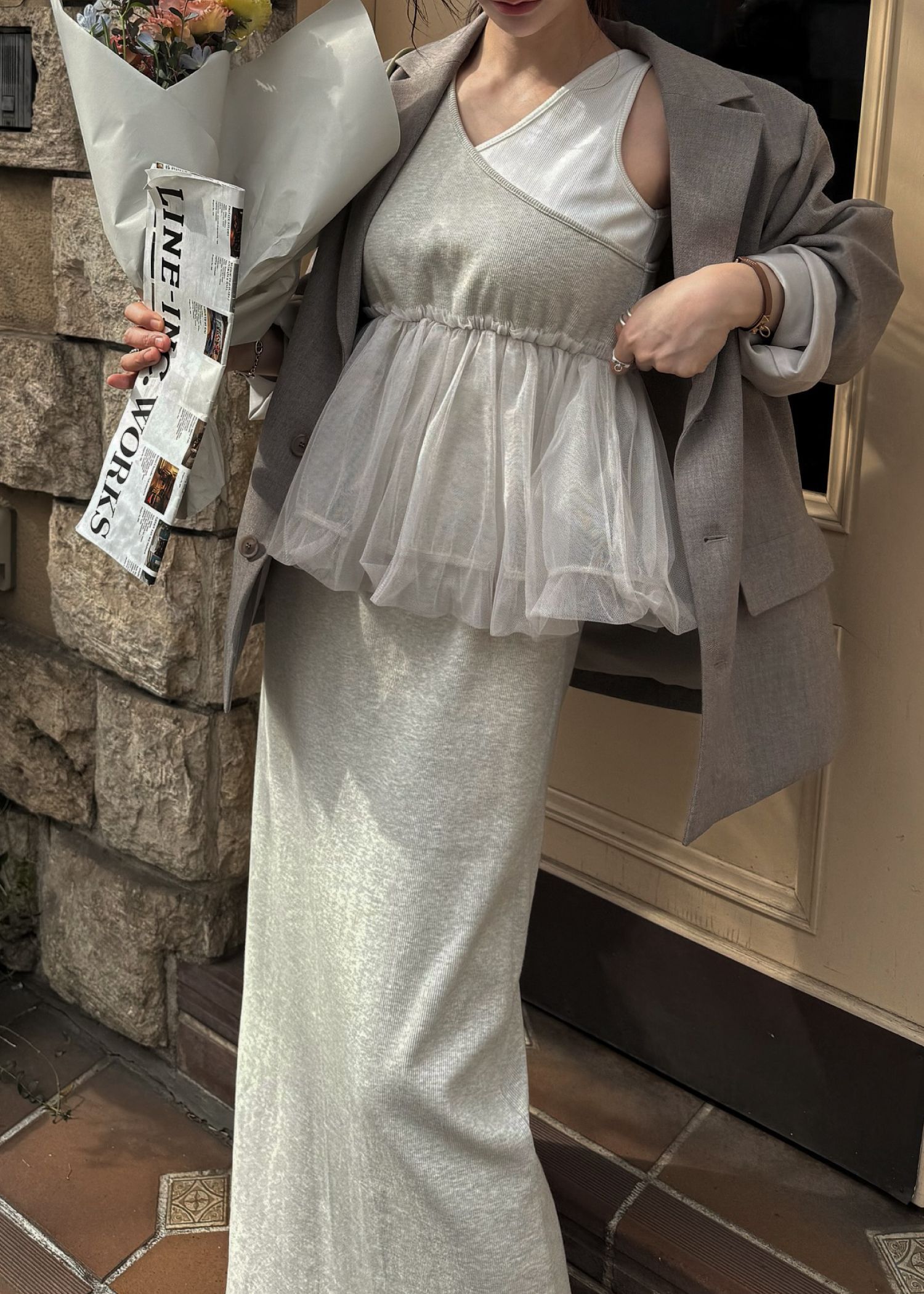 tulle peplum docking rib OP (Oatmeal) / チュールペプラムワンピース (オートミール) / 26SS