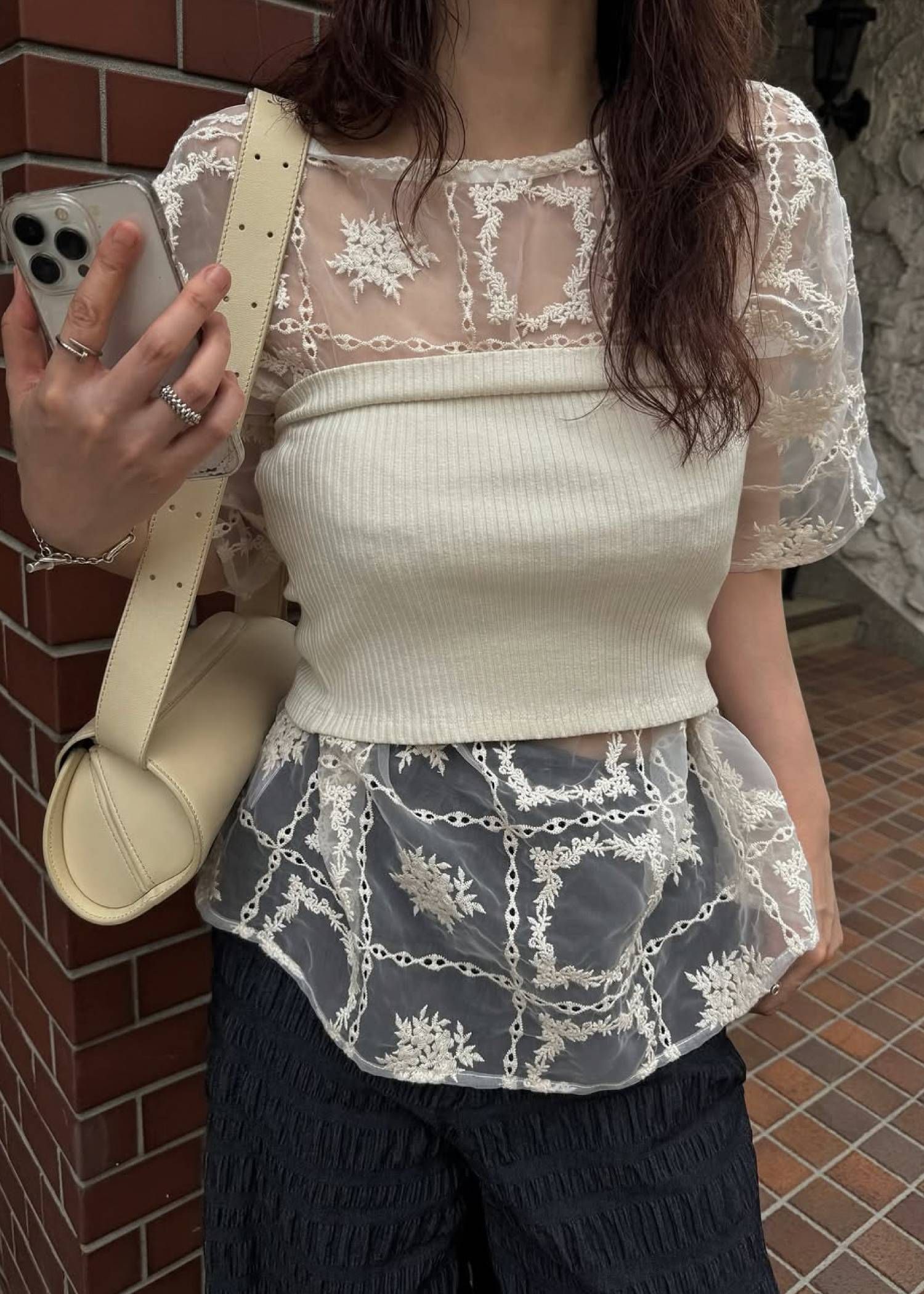 レースビッグTシャツ & リブトップス セット (Natural) square lace big tee & rib tops SET (ナチュラル) /  26SS