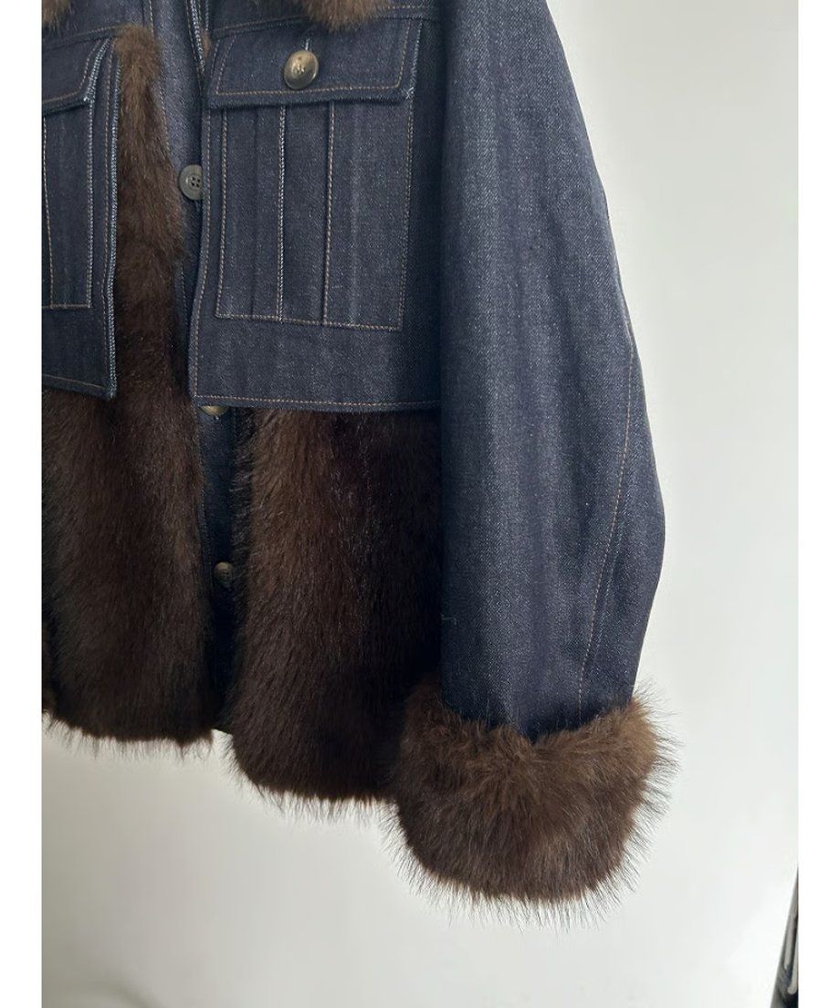 【25AW】Denim Docking Fur Jacket (ダークネイビー) / デニムドッキングファージャケット / エコファー / フェイクファー