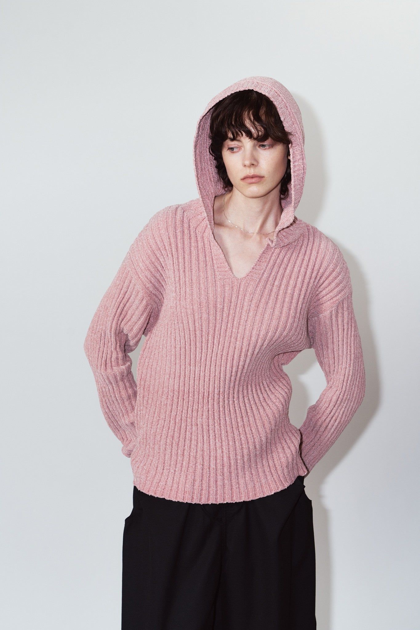 ブークレ ニット フーディ (ピンク) rib hoodie boucle knit (Pink) / 26AW