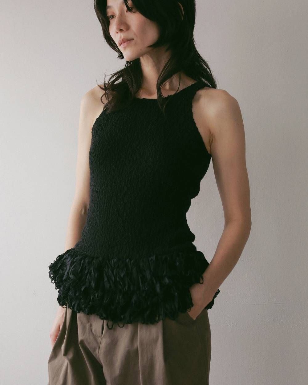 アメスリ フリンジトップス (ブラック) Americansleeve Fringe Tops (Black) / 27SS
