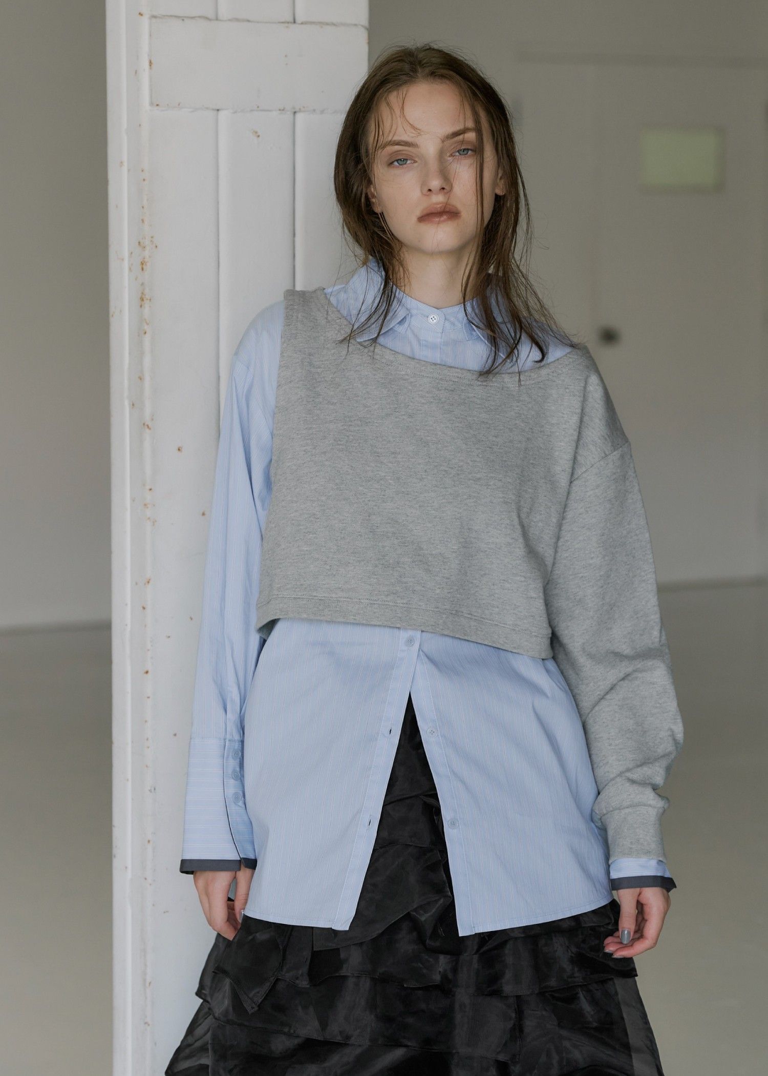 asymmetry 2 piece layered sweat / 2ピースレイヤードスウェット (グレー) / 25AW /