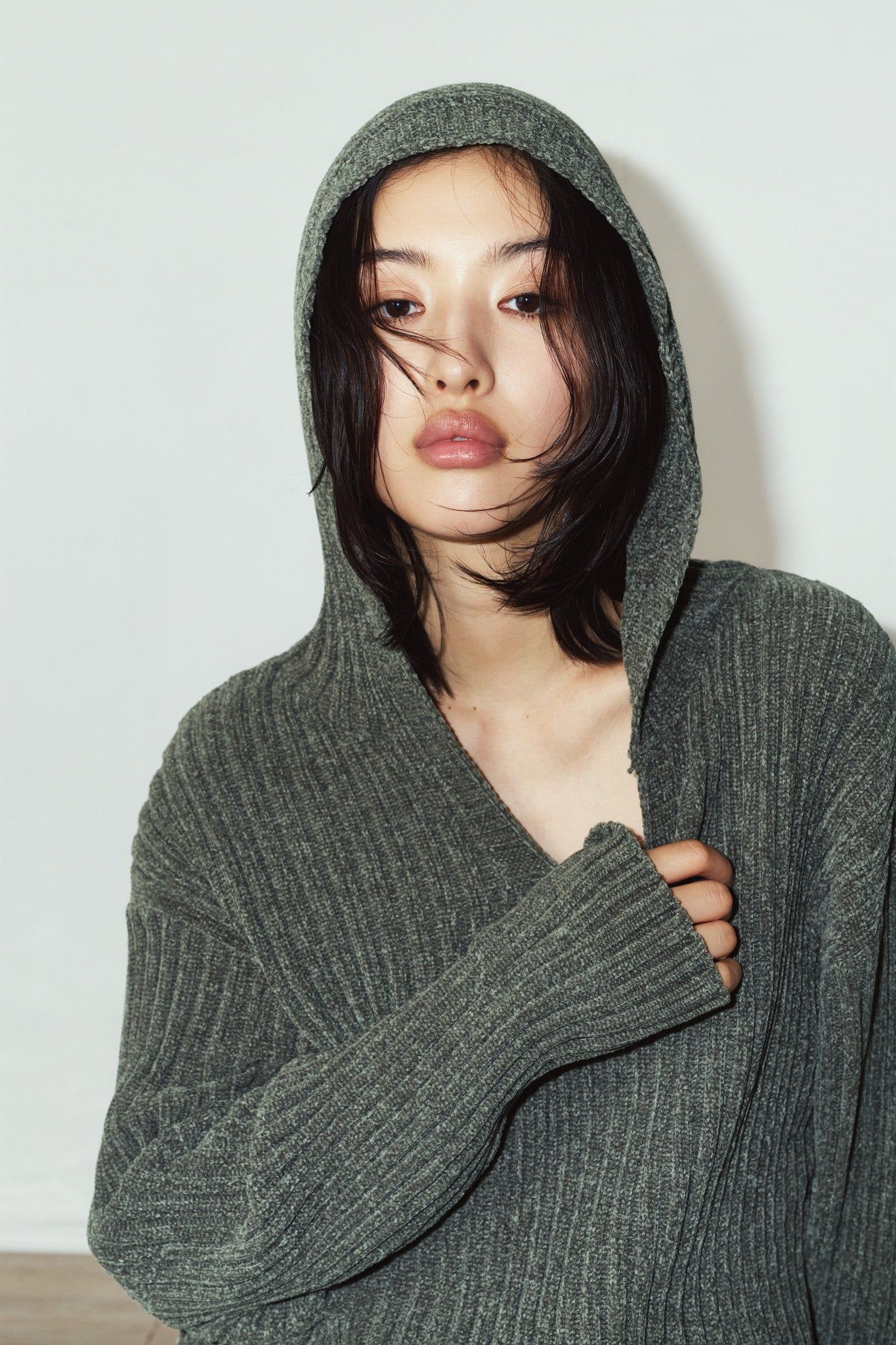 ブークレ ニット フーディ (カーキ) rib hoodie boucle knit (Khaki) / 26AW