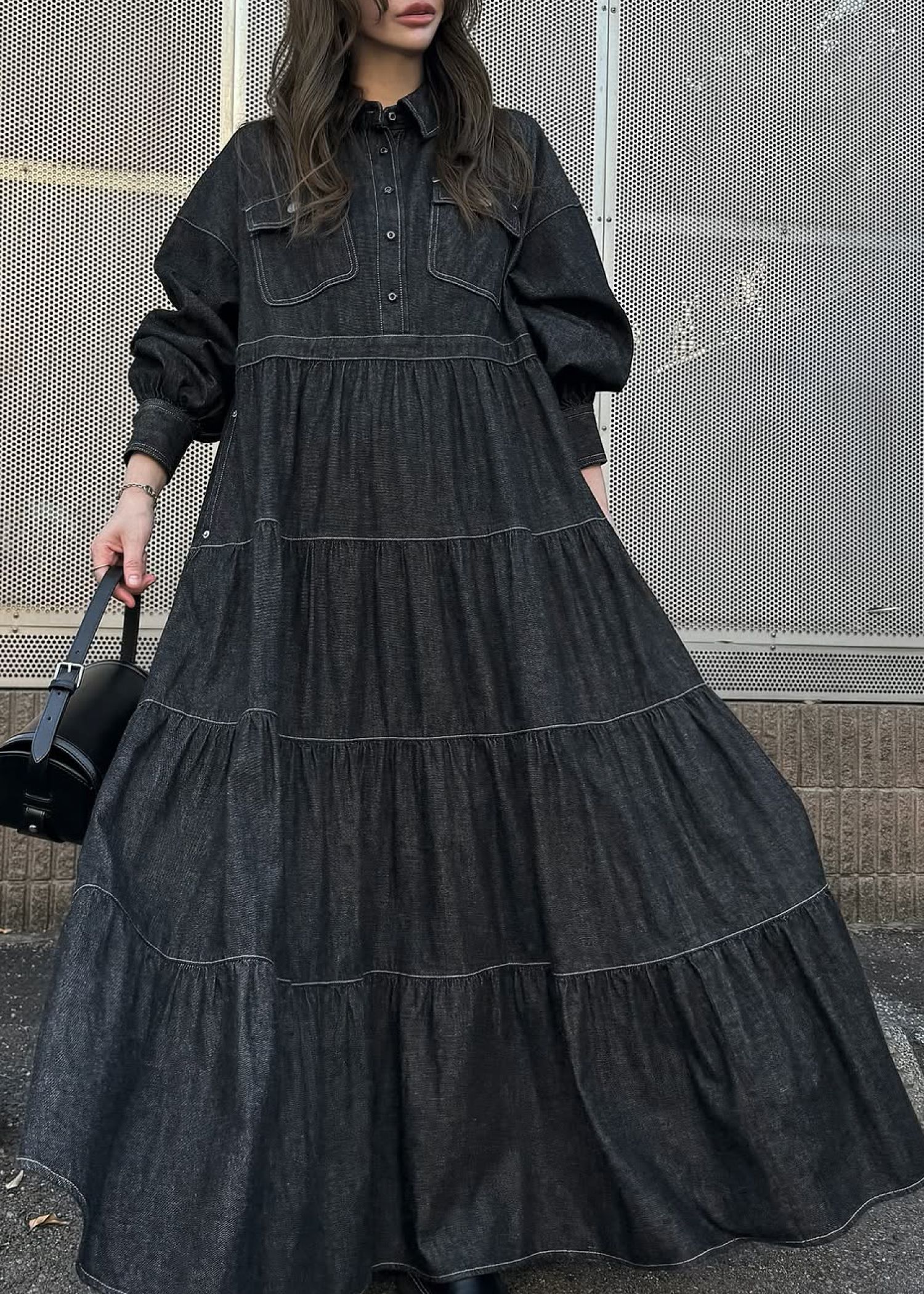 【Healthy DENIM × WILLFULLY】"Aphrodite" tiered denim shirt OP / ヘルシーデニムコラボ デニムシャツワンピース (ブラック) / 25AW /