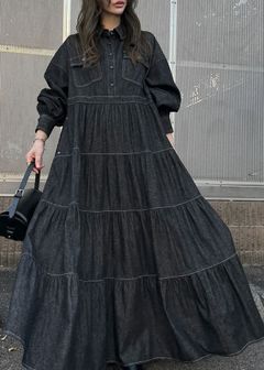 【Healthy DENIM × WILLFULLY】"Aphrodite" tiered denim shirt OP / ヘルシーデニムコラボ デニムシャツワンピース (ブラック) / 25AW /