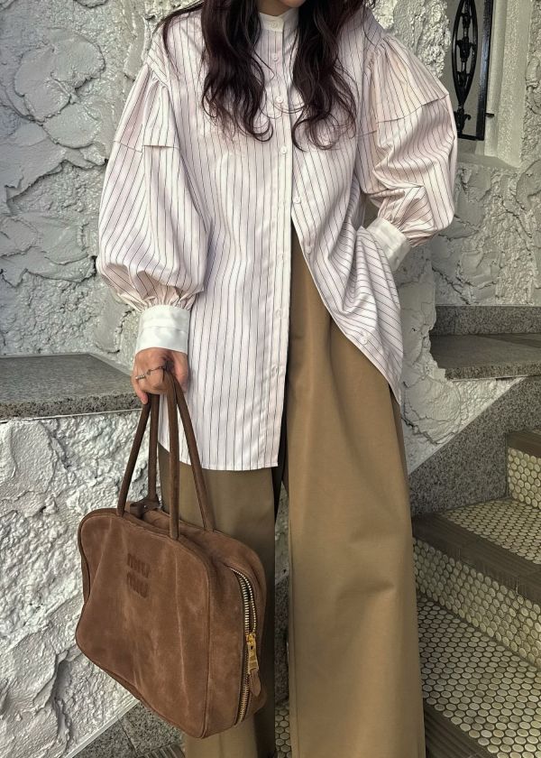 stripe balloon sleeve cleric BL / ストライプ バルーンスリーブ ブラウス (Baby pink) / 26SS