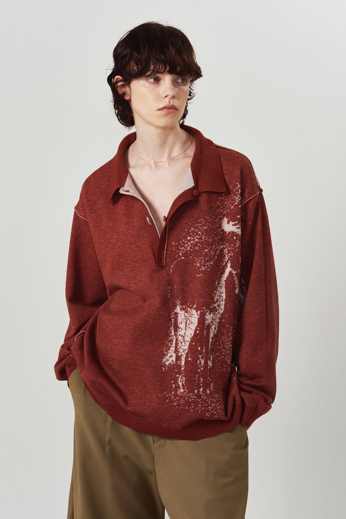 リバーシブル ジャガードポロニット (レッド) reversible jacquard polo knit(unisex) (Red) / 26AW