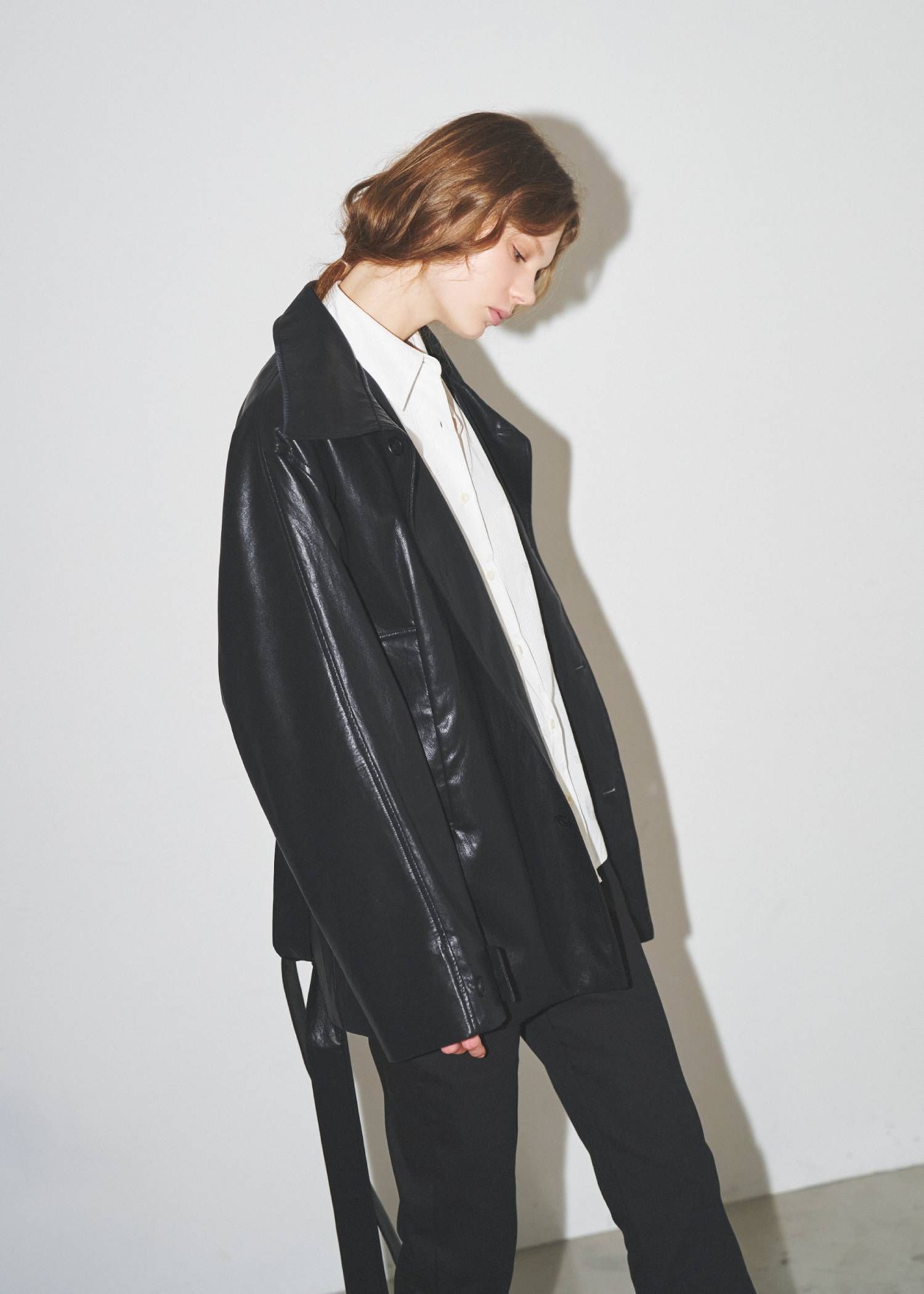 スタンドカラー レザージャケット (ブラック) stand collar over size synthetic leather JK (Black) /  26AW
