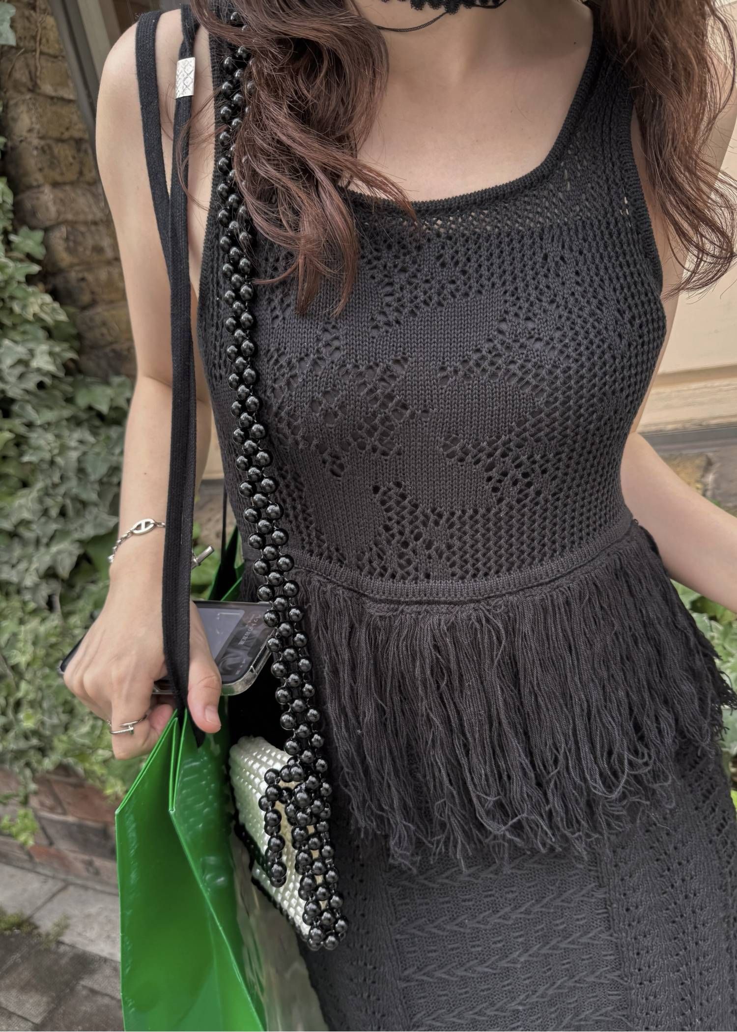 マルチパターン ニットワンピース (ブラック) multi pattern jacquard fringe knit OP (Black) /  26SS