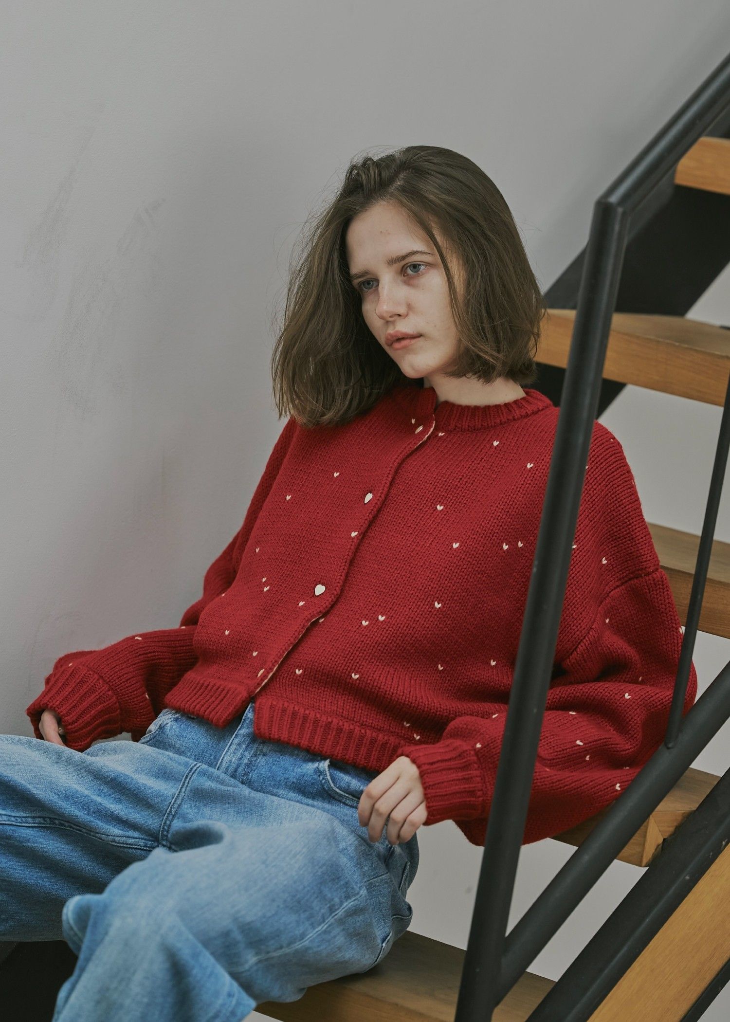 heart dot jacquard reversible cropped knit cardigan / ハートドット ジャガード リバーシブルクロップドカーディガン (レッド×タン) / 25AW