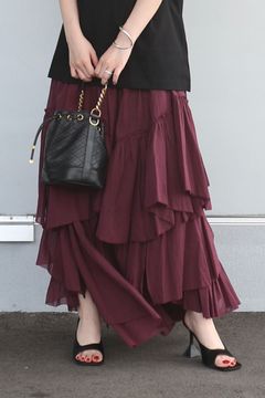 COTTON TIERED SKIRT / コットン ティアードスカート (バーガンディー) ミモレ丈 / ウエストゴム / ペチコート付き