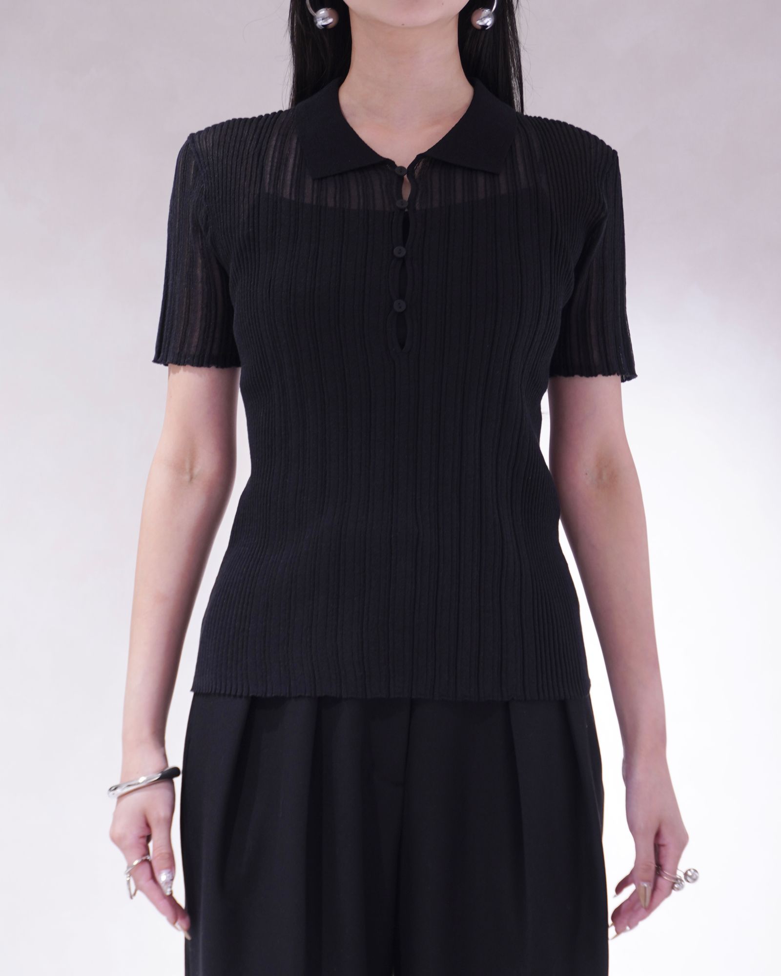 Knuth Marf - シアーニットポロシャツ (ブラック) sheer polo knit
