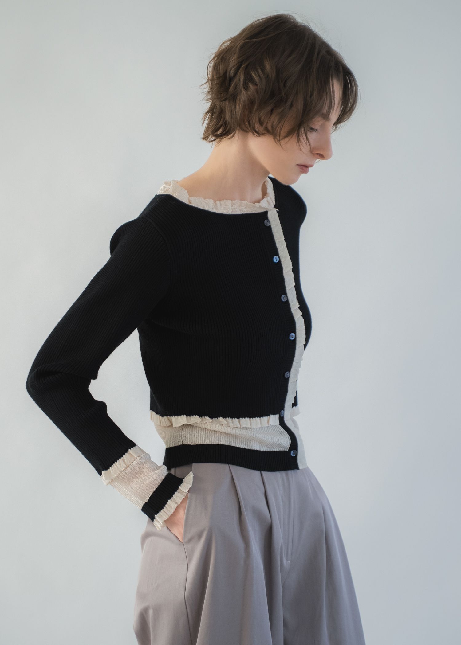 partial sheer frill knit cardigan / シアーフリル ニットカーディガン (Black) / 26SS