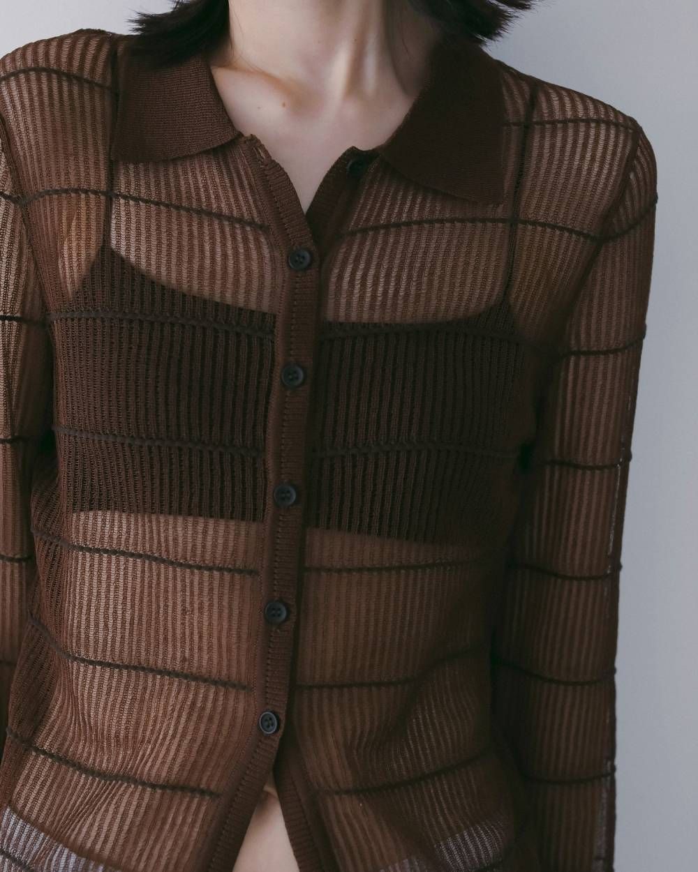 シアーボーダー ニットシャツ (ブラウン) Sheerborder Knit Shirts (Brown) / 26SS