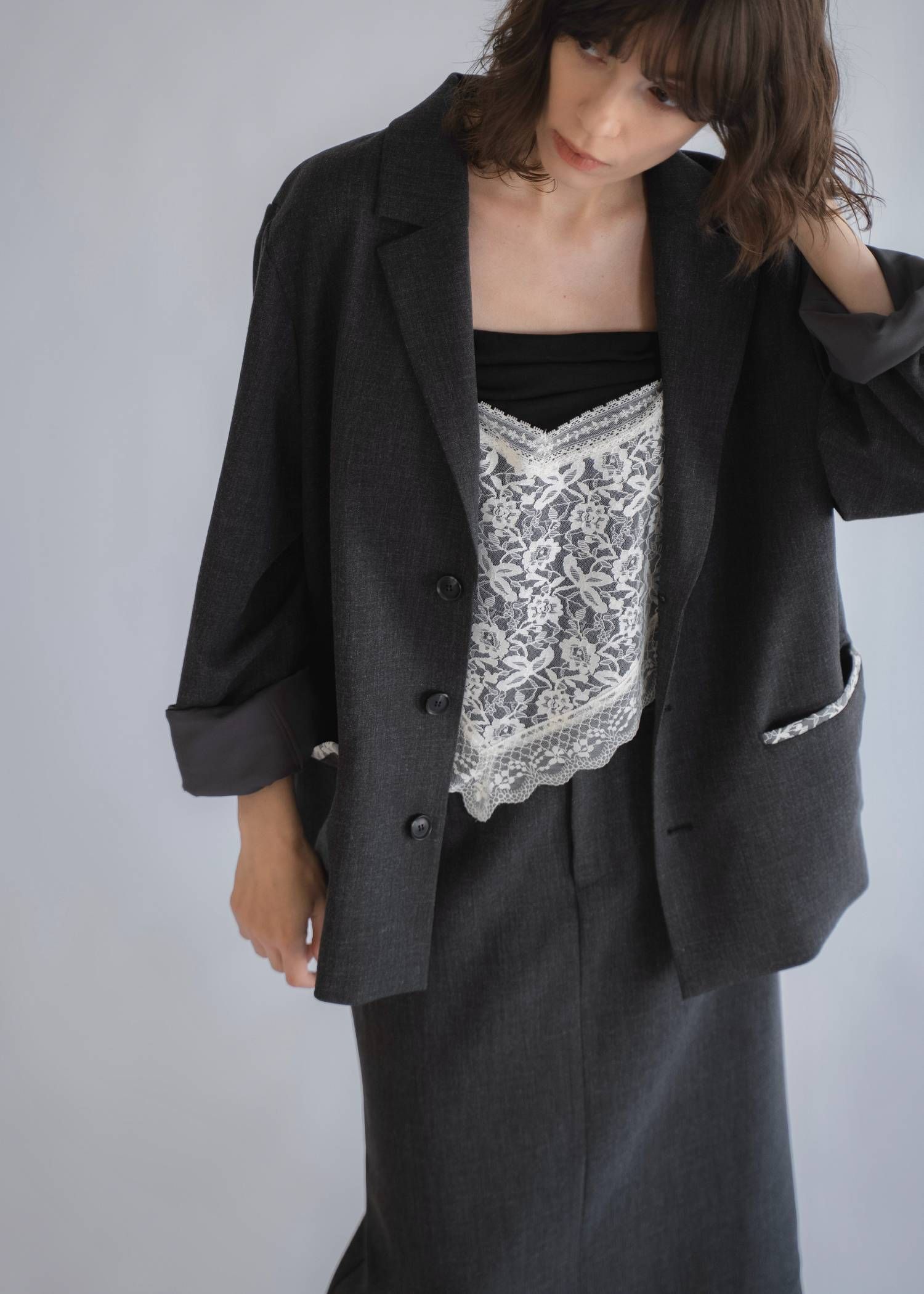 アレンジレース ジャケット (ブラック) arrangement lace shawl oversize JK (Black) /  26SS