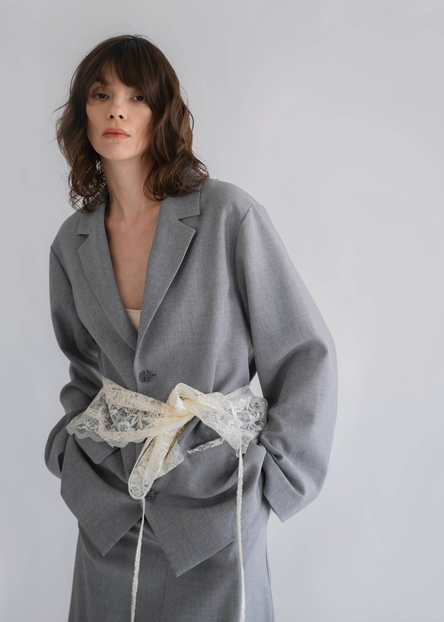 アレンジレース ジャケット (ライトグレー) arrangement lace shawl oversize JK (Lgray) /  26SS