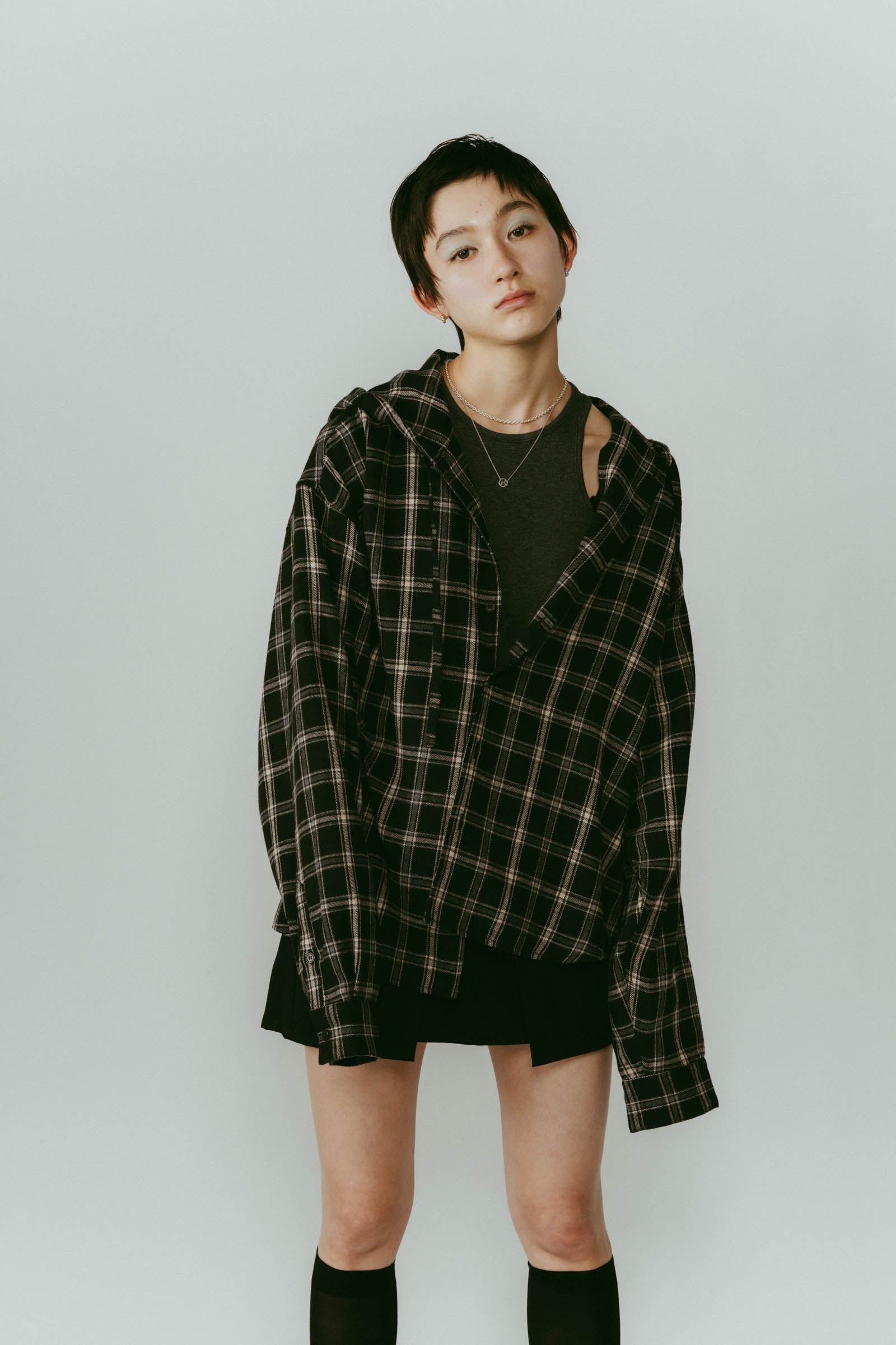 hooded over shirts(unisex) / オーバー フーディシャツ (Check black) / 26SS
