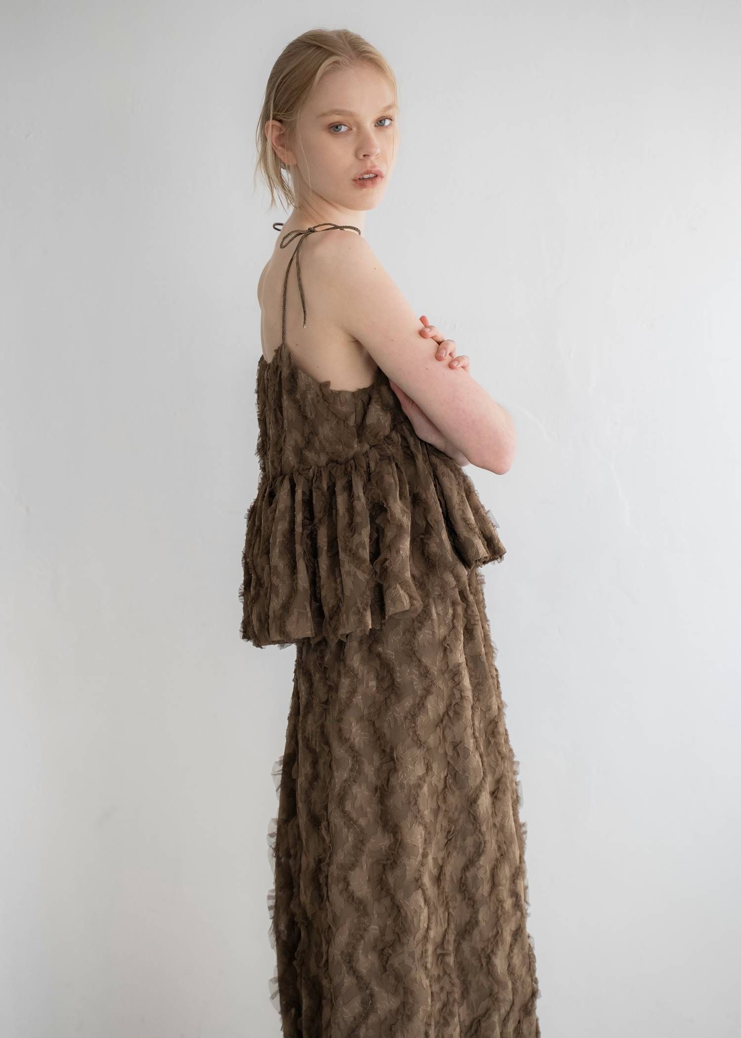 カットジャガード キャミソール (モカ) cut jacquard tulle gather camisole (Mocha) /  26SS