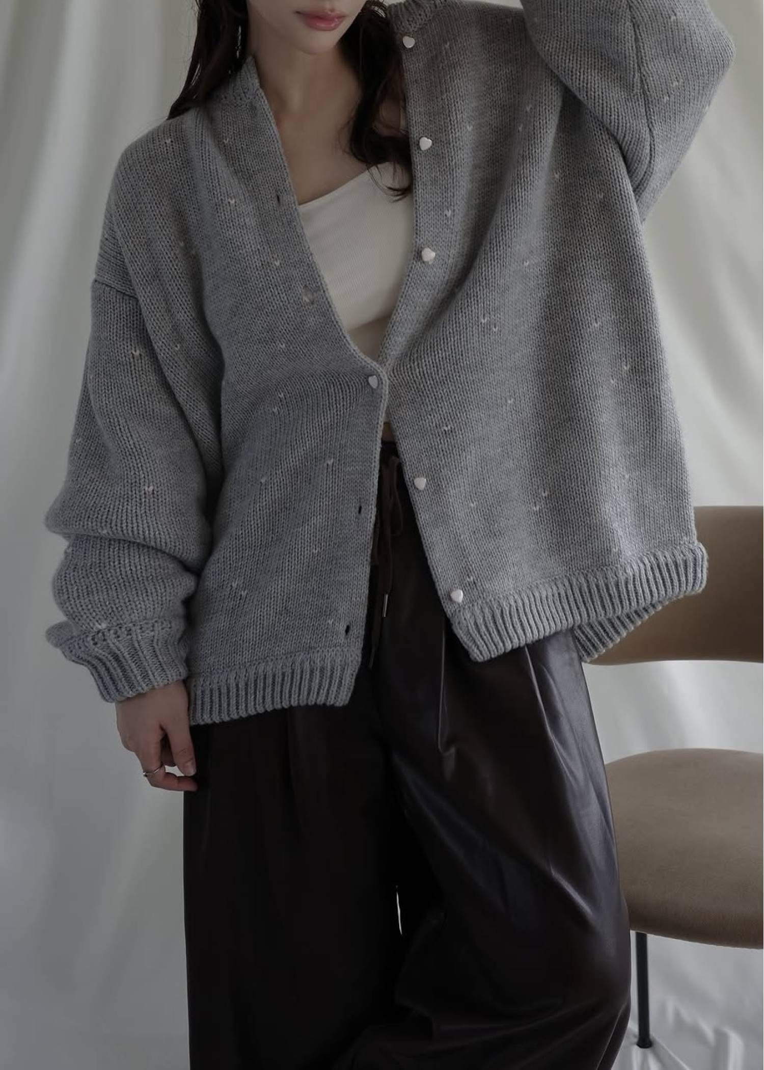 【ロング】ハートドット リバーシブルカーディガン (グレー×ベビーピンク) long heart dot jacquard reversible knit cardigan (gray×baby pink) /  26SS