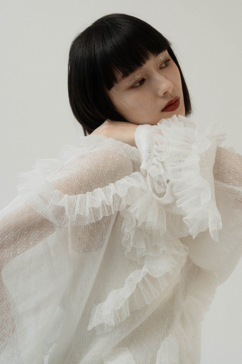 チュールデザインブラウス (ホワイト) tulle design blouse (White)